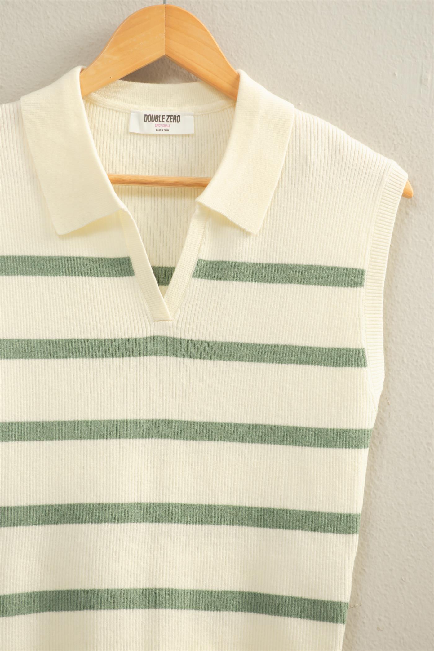 Wholesale Collared Striped Polo Vest Clothing Tops DZ26A337 SAGE GREEN DOUBLE ZERO