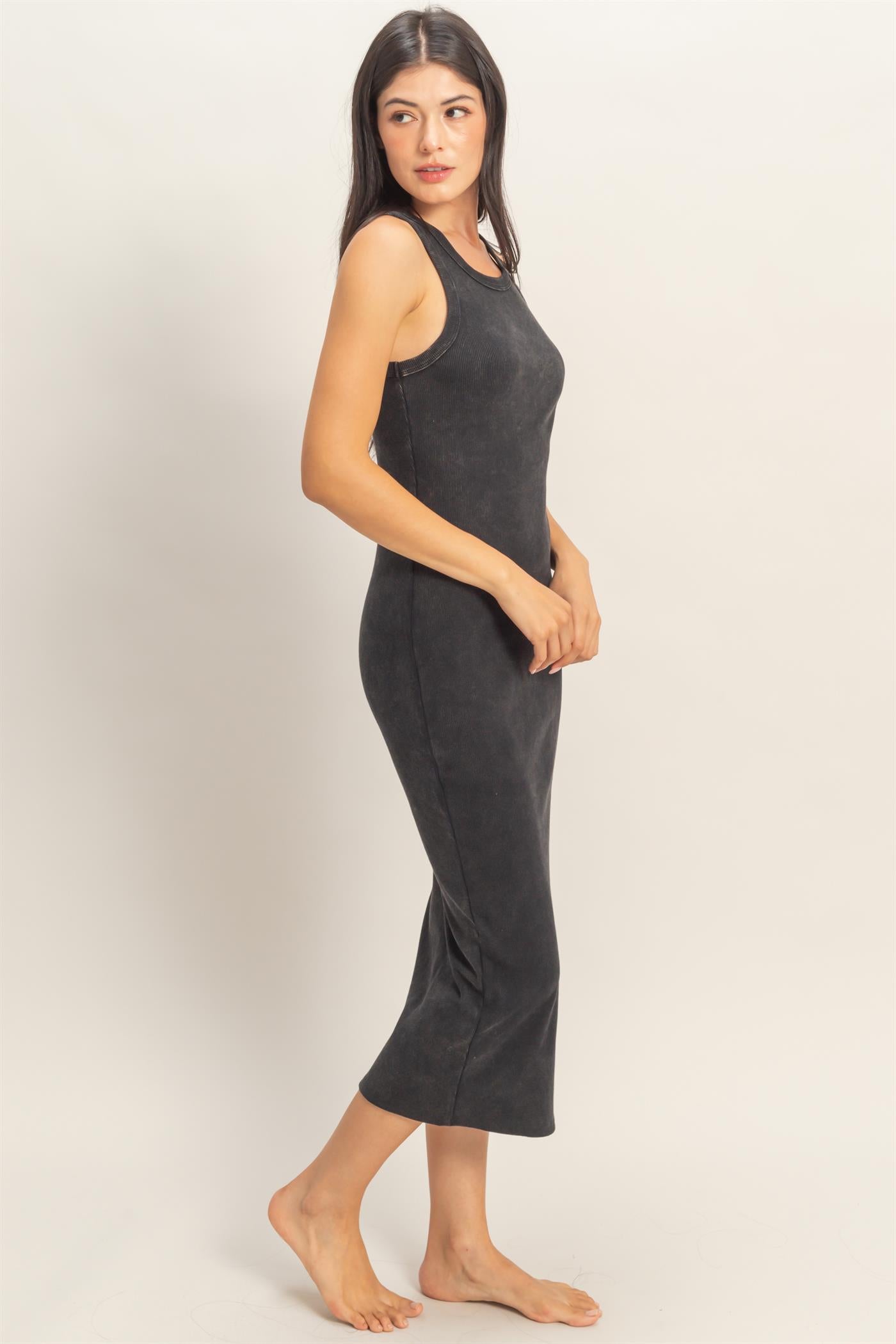 Wholesale Acid Washed Ribbed Midi Tank Dress Dresses DZ26C060 BLACK DOUBLE ZERO