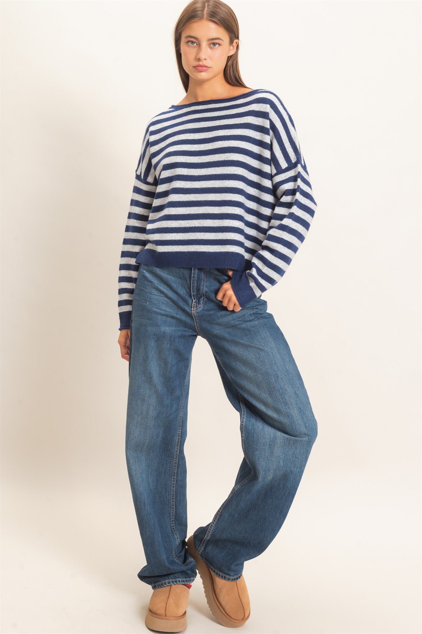 Wholesale Off The Shoulder Striped Sweater Sweaters DZ26E653 NAVY DOUBLE ZERO