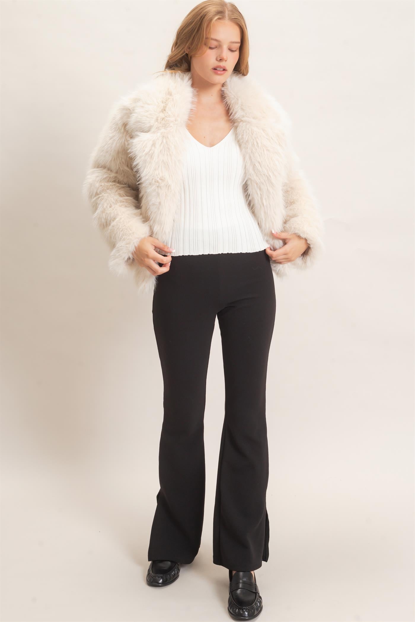 Wholesale Shawl Collar Faux Fur Jacket Outerwear HF26F207-D CREAM HYFVE
