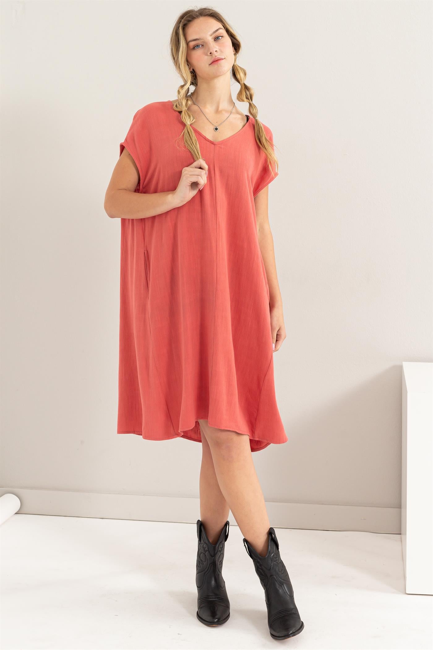 Wholesale V-Neck Oversized Linen Midi Dress Dresses DZ23E033-D BRICK DOUBLE ZERO