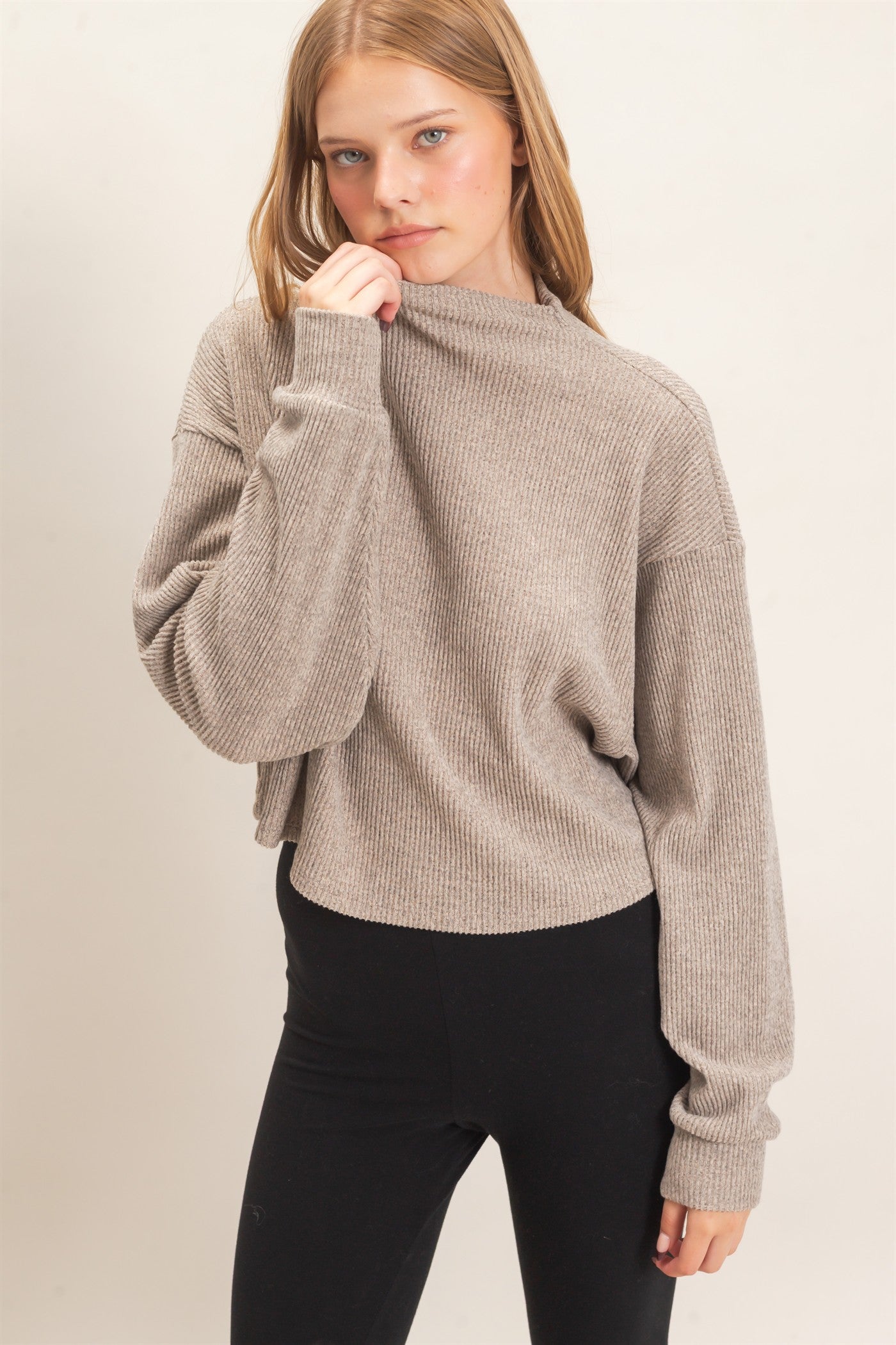 Wholesale Ribbed Mock Neck Top Clothing Tops HF26F030 BEIGE HYFVE