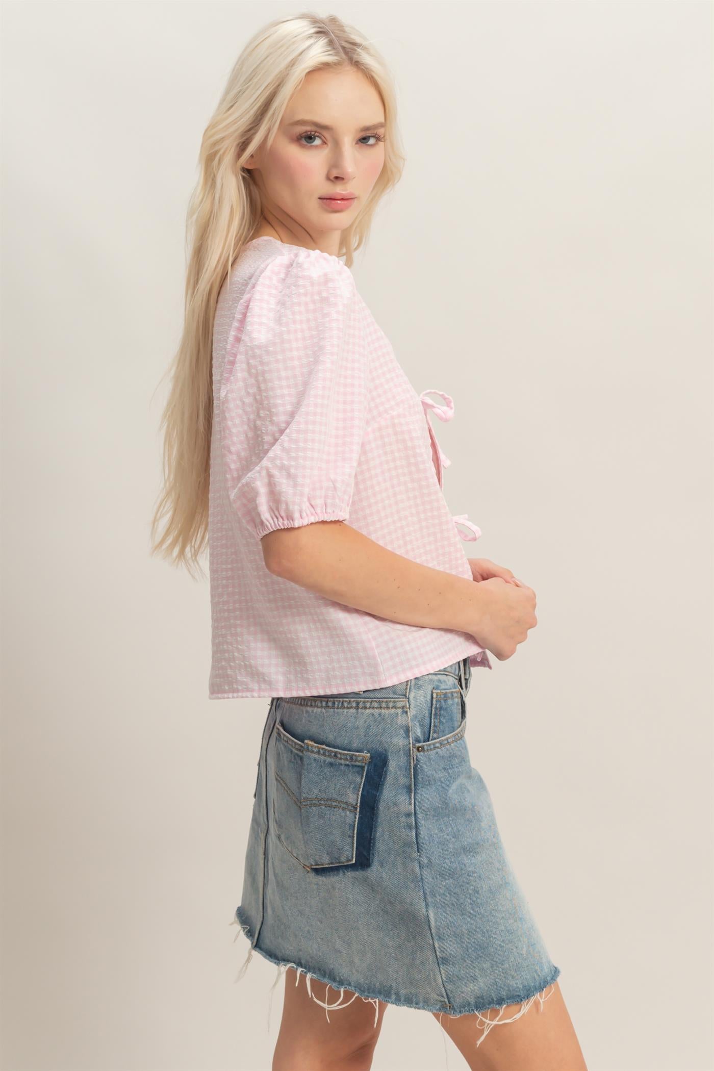 Wholesale Gingham Bow Tie Puff Sleeve Blouse Blouses DZ26C229 PINK DOUBLE ZERO