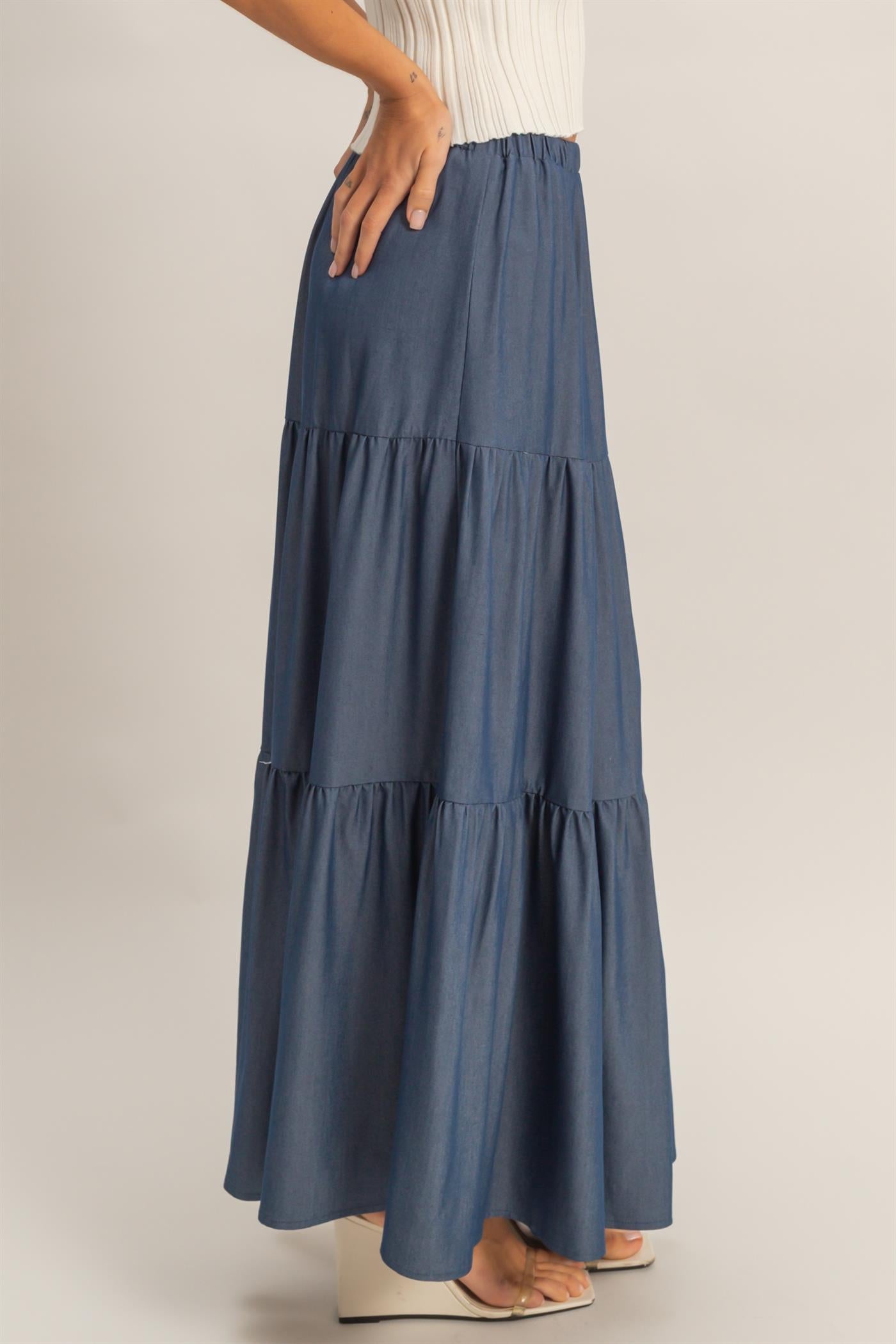 Wholesale Elastic Waist 3-Tier Skirt Skirts HF26E340-D D.DENIM HYFVE