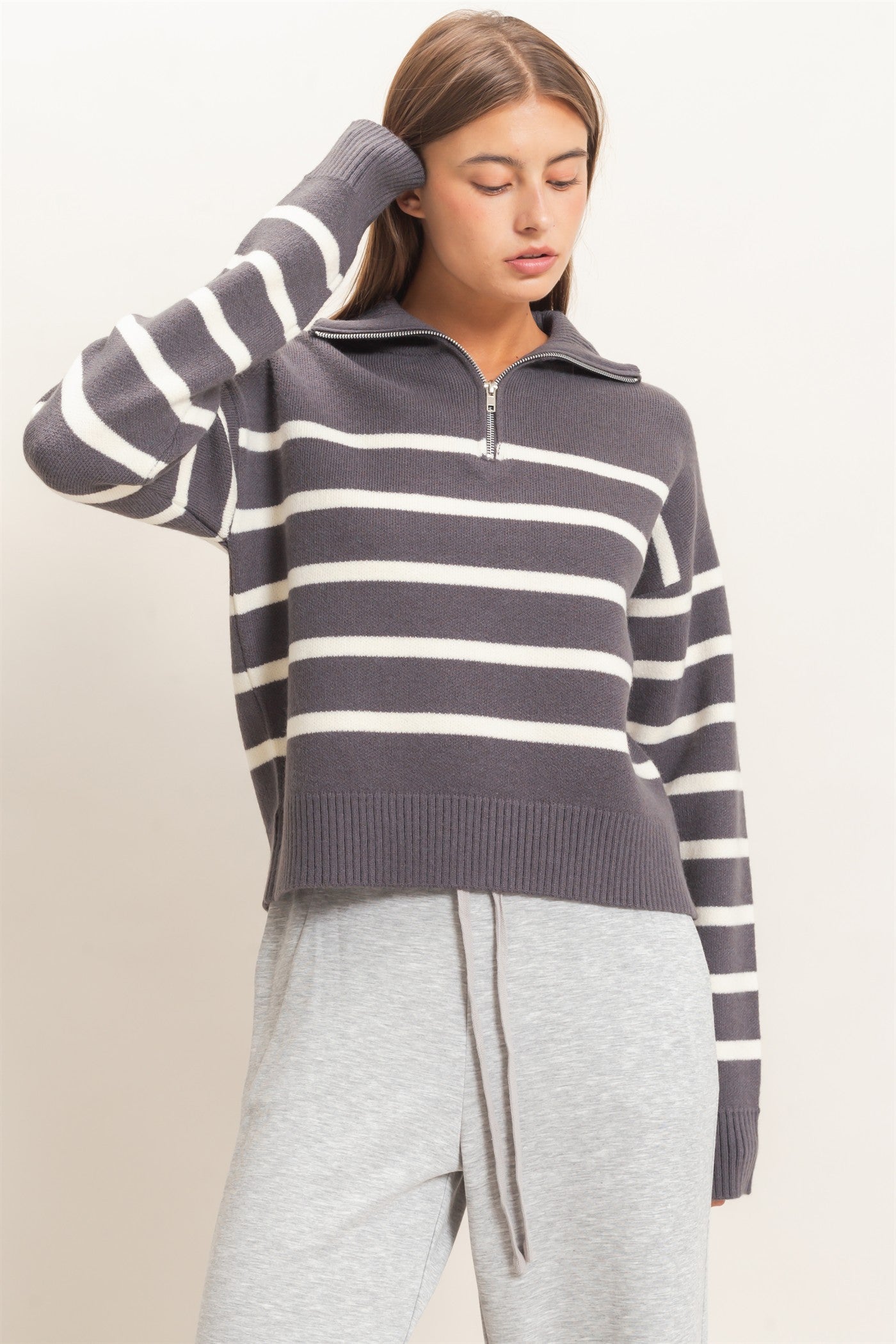 Wholesale Half-Zip Collared Stripe Sweater Sweaters DZ26E950 CHARCOAL DOUBLE ZERO