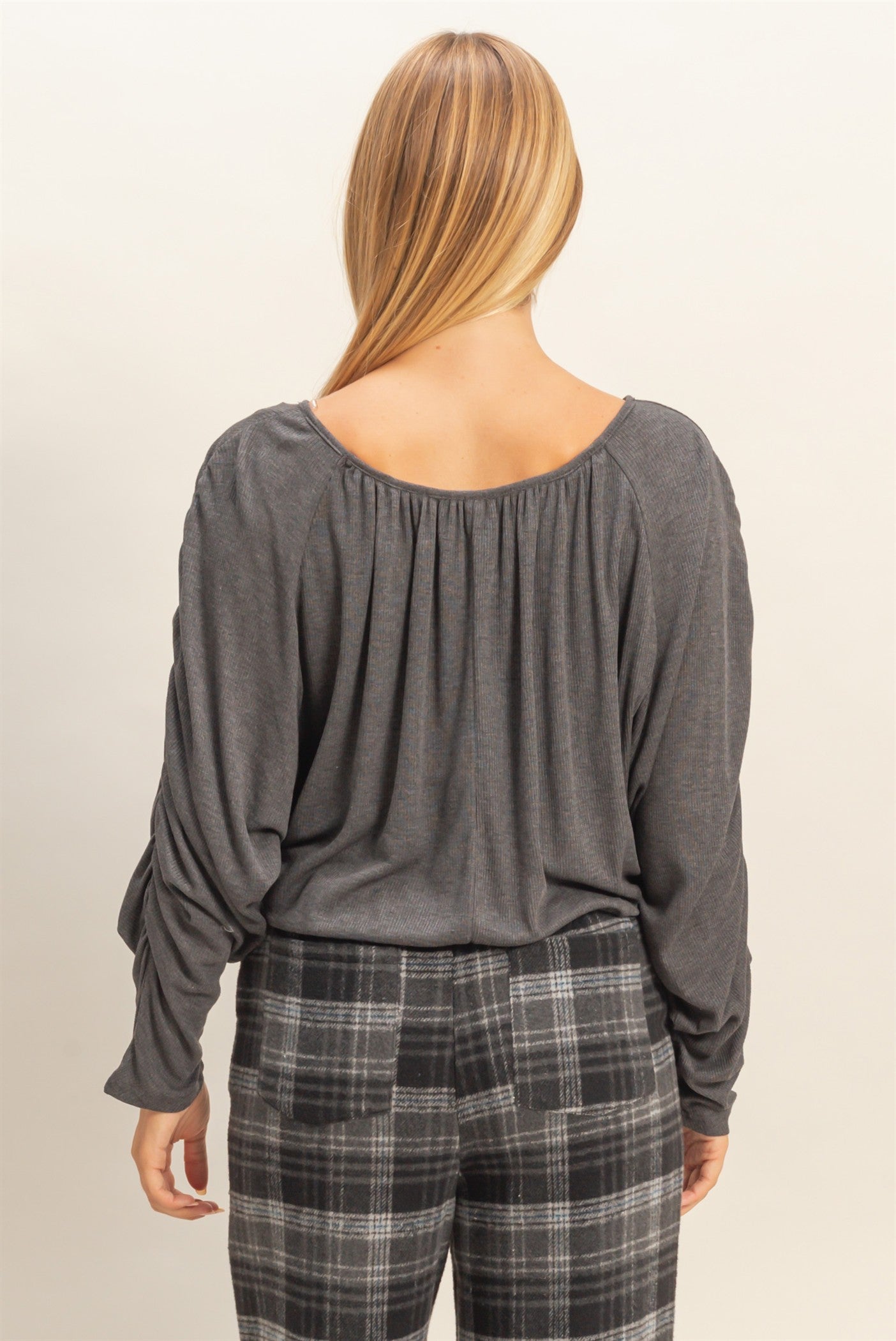 Wholesale Boat Neck Shirred Dolman Sleeve Blouse Clothing Tops HF21F952 CHARCOAL HYFVE