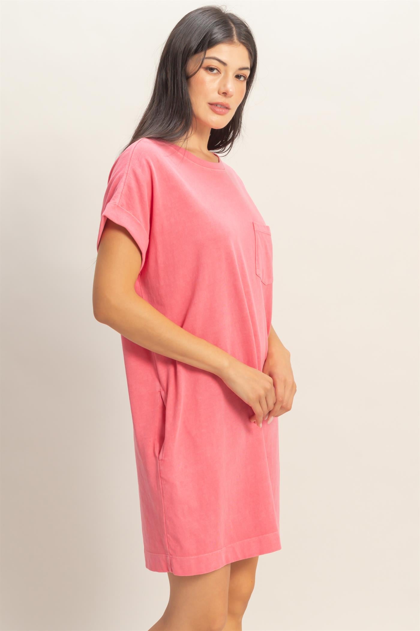 Wholesale Round Neck T-Shirt Mini Dress Dresses DZ26A029 TAFFY PINK DOUBLE ZERO