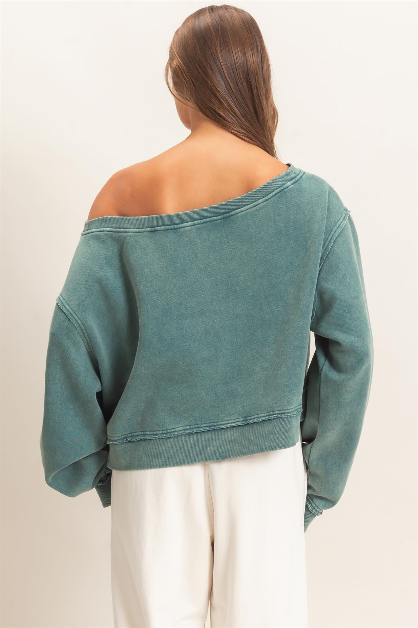 Wholesale Raw Edge Acid Wash Off The Shoulder Sweatshirt Sweatshirts DZ26F013 DARK TEAL DOUBLE ZERO