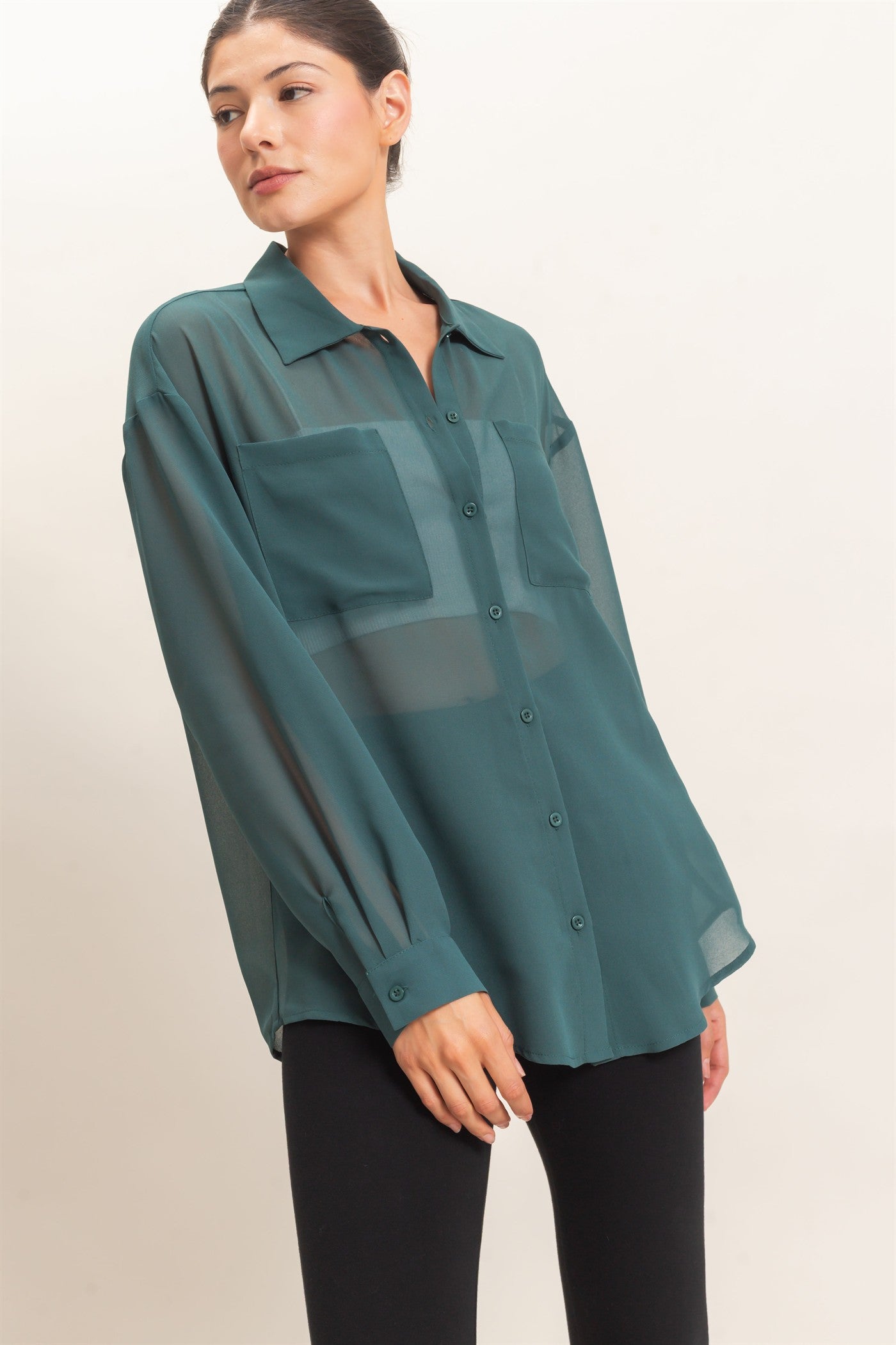 Wholesale Button-Down Collar Blouse Shirts HF26F067 TEAL GREEN HYFVE