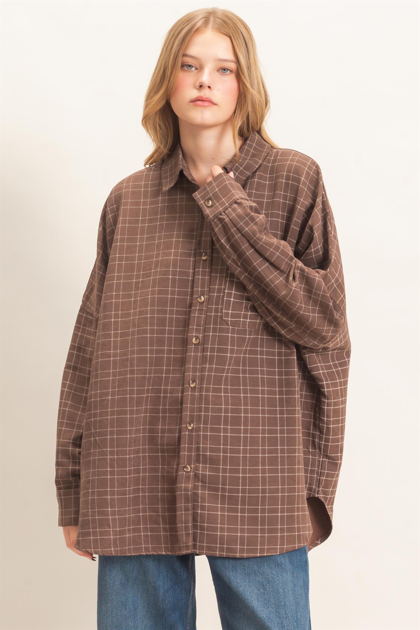 Wholesale Plaid Button-Up Shirt Shirts HF26E734 BROWN HYFVE