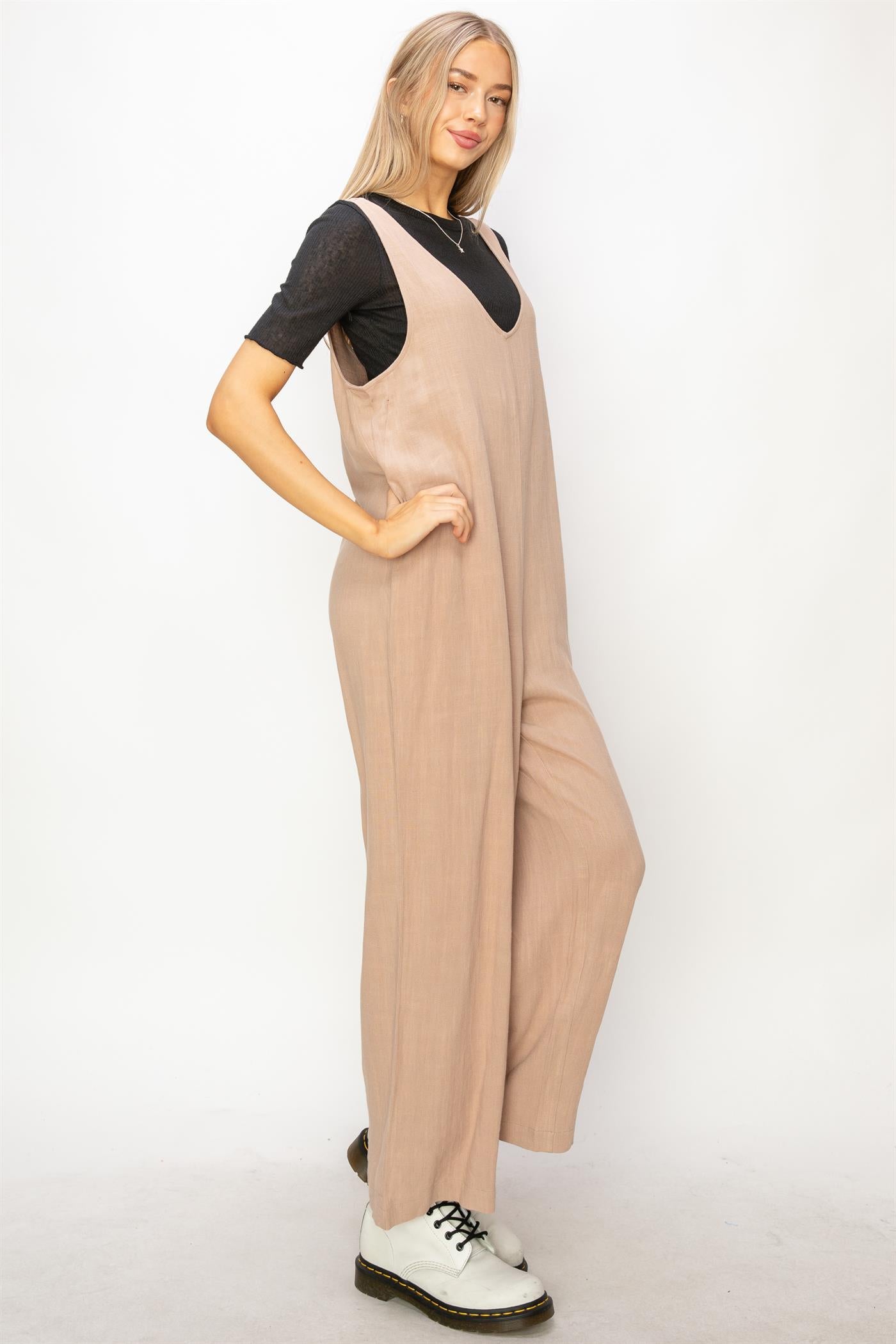 Wholesale Linen Sleeveless Jumpsuit One-Pieces DZ24A886 TAN DOUBLE ZERO