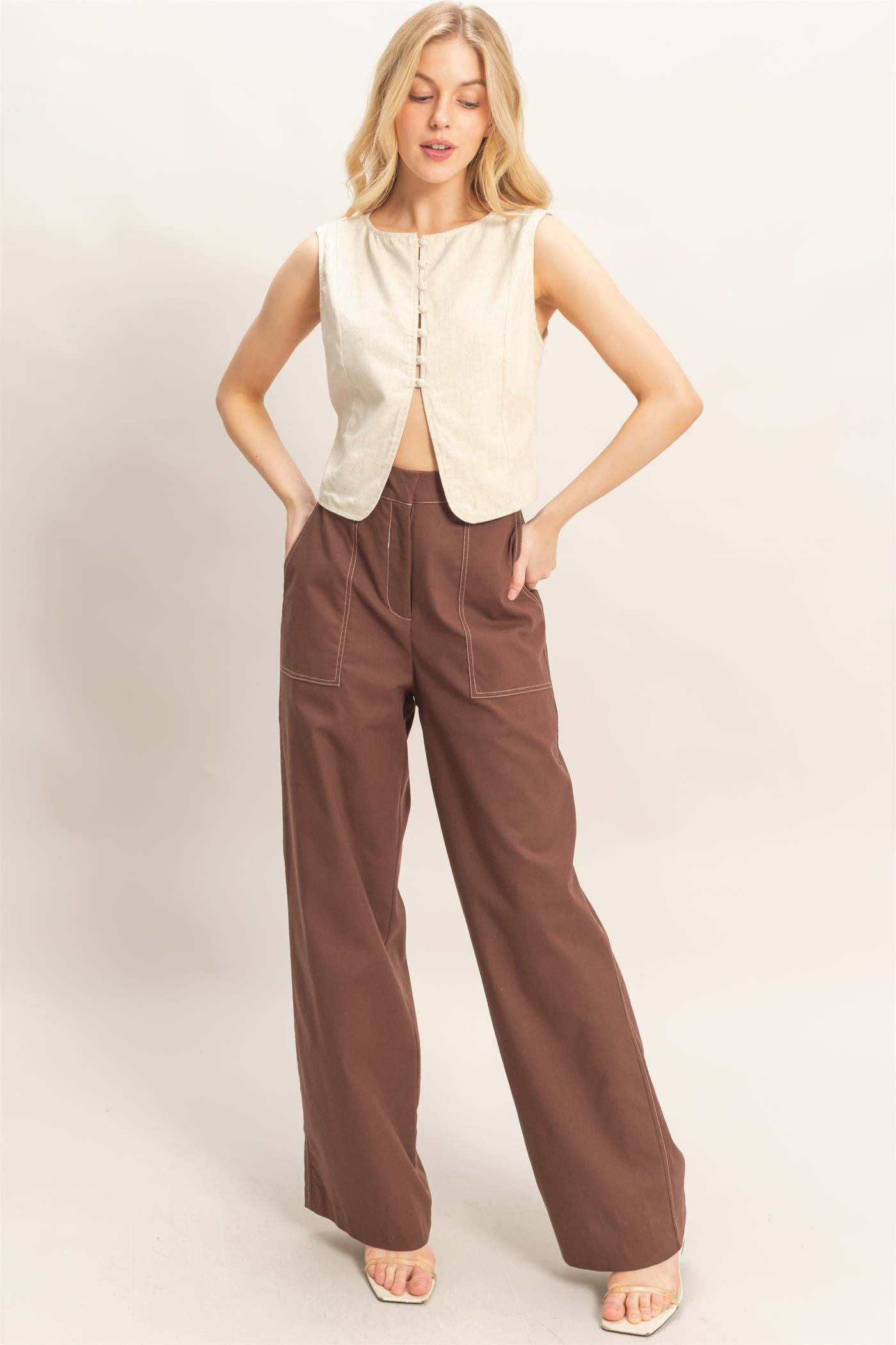 Wholesale Sleeveless Button Front Top Clothing Tops HF26A583 OATMEAL HYFVE