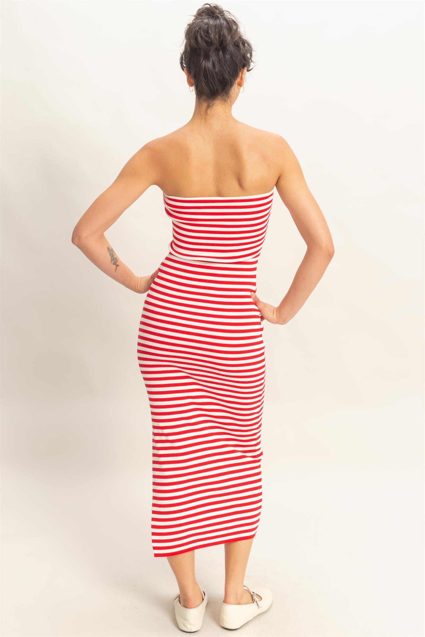 Wholesale Strapless Striped Bodycon Midi Dress Dresses DZ26C336 RED DOUBLE ZERO