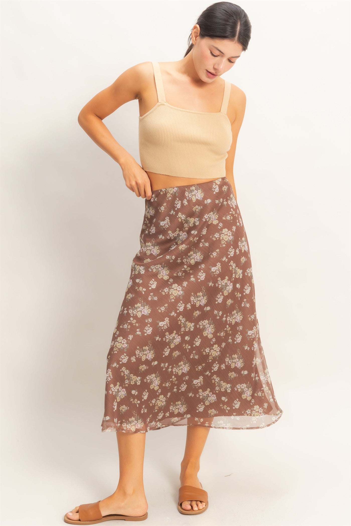 Wholesale Floral Print Bias Skirt Skirts HF26E649 BROWN HYFVE