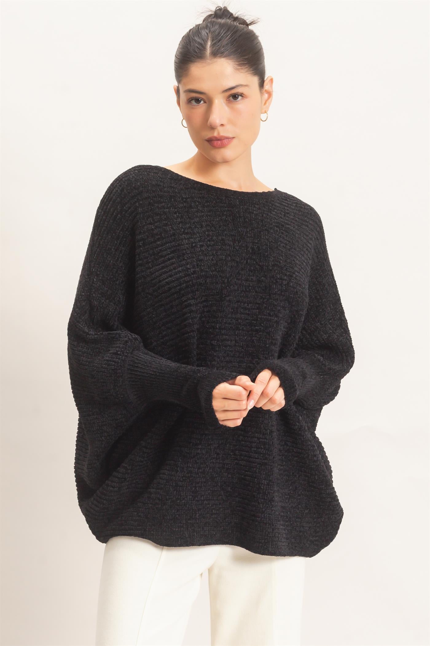 Wholesale Chenille Boat Neck Dolman Sleeve Sweater Sweaters HF26F185 BLACK HYFVE