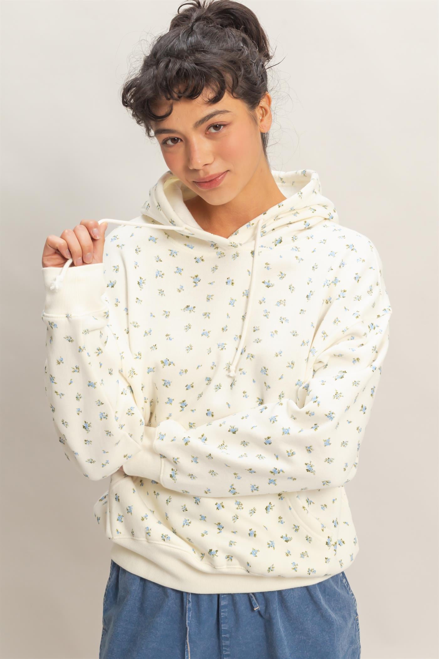 Wholesale Ditsy Floral French Terry Hoodie Sweatshirts DZ26C392 BLUE DOUBLE ZERO