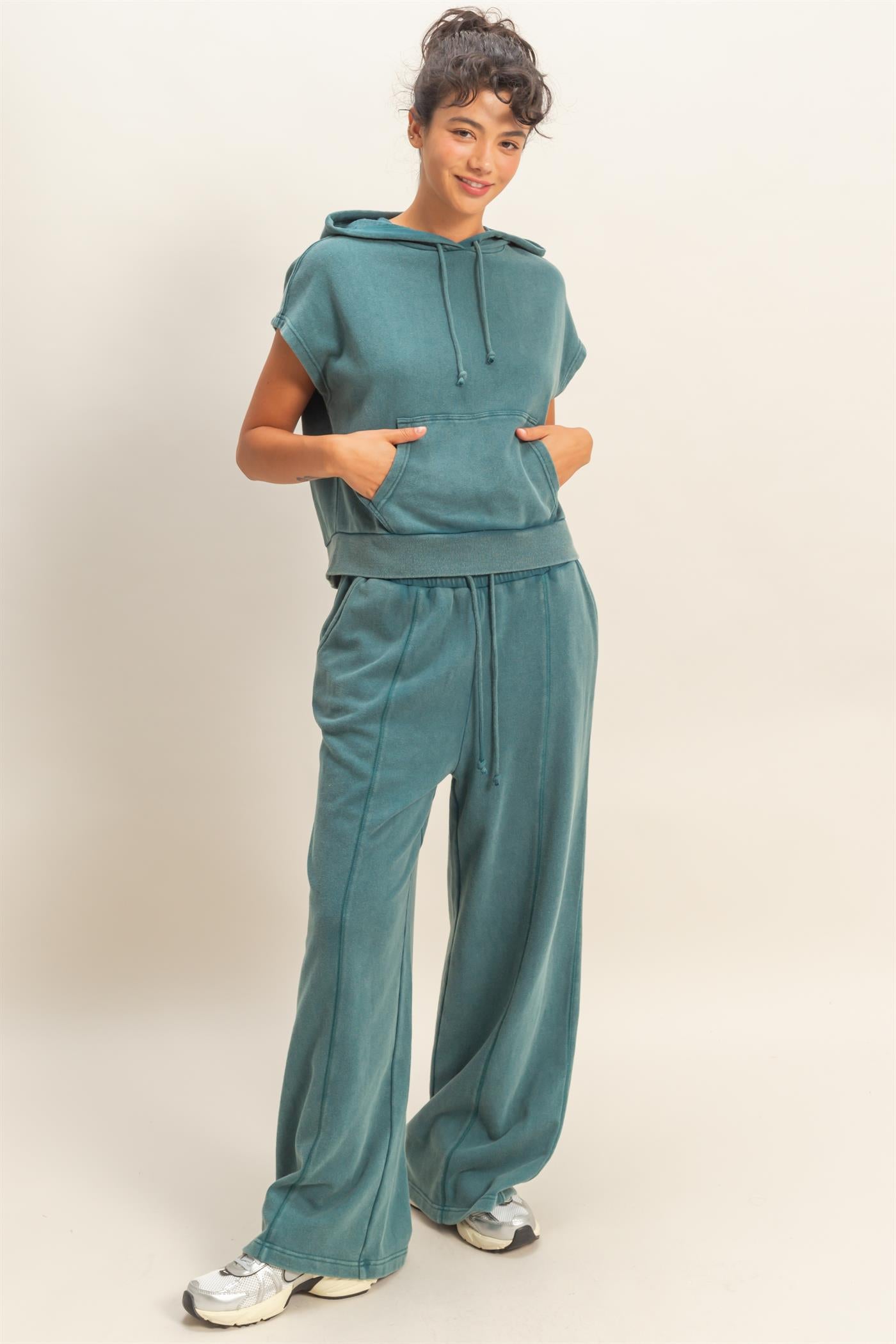 Wholesale Acid Washed Sleeveless Hooded Kangaroo Pocket Top Hoodies DZ26A411 DARK TEAL DOUBLE ZERO