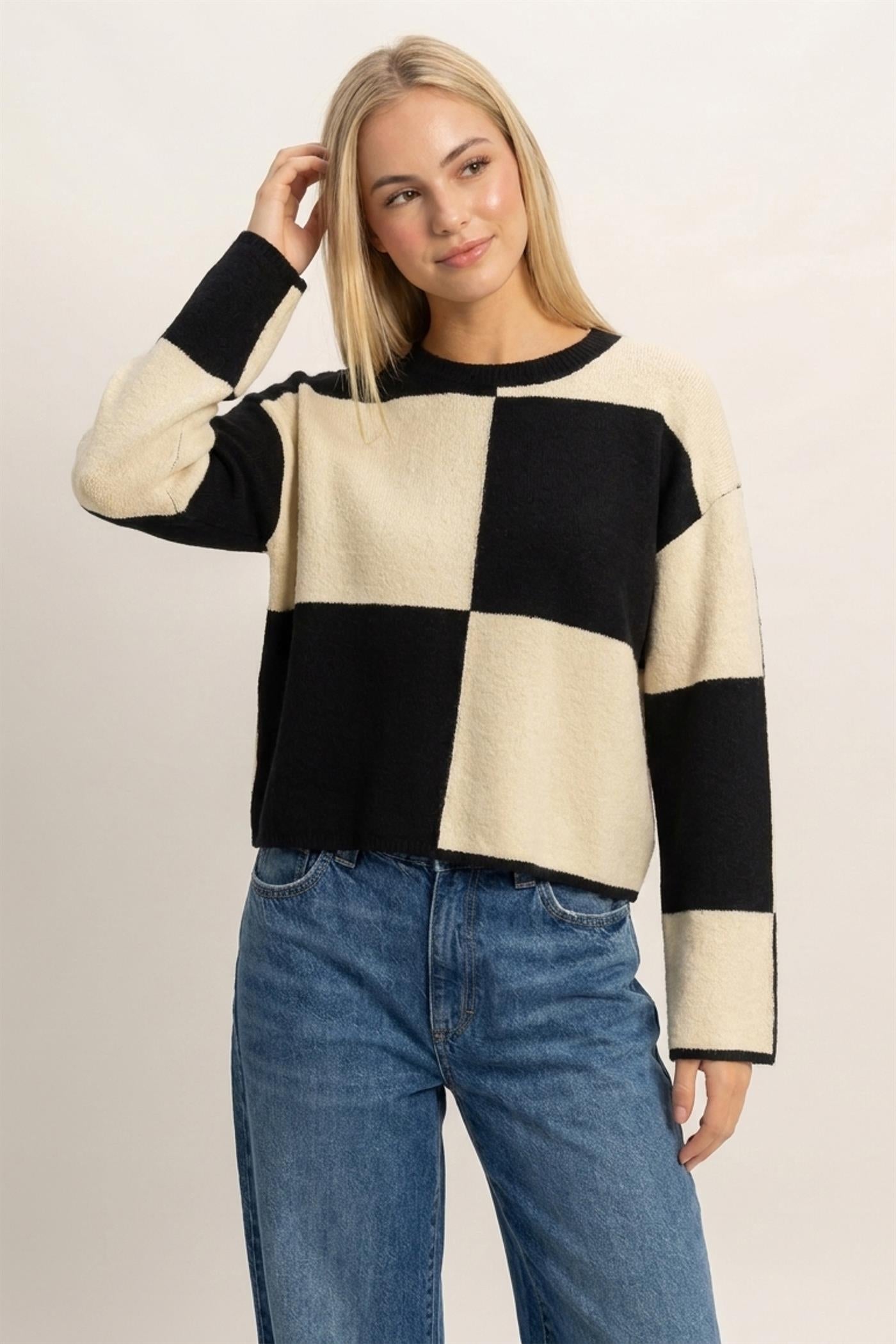 Wholesale Crew Neck Checkered Sweater Sweaters DZ26C980 BLACK DOUBLE ZERO