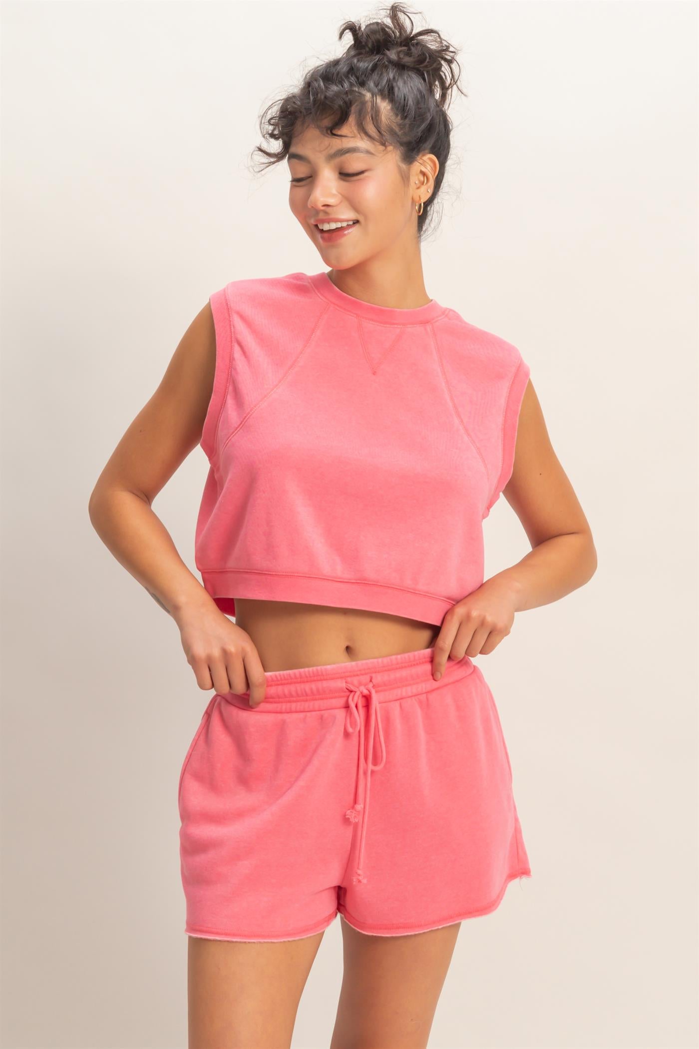 Wholesale Burnout French Terry Sleeveless Top & Shorts Set Clothing Tops DZ26A171-SET TAFFY PINK DOUBLE ZERO