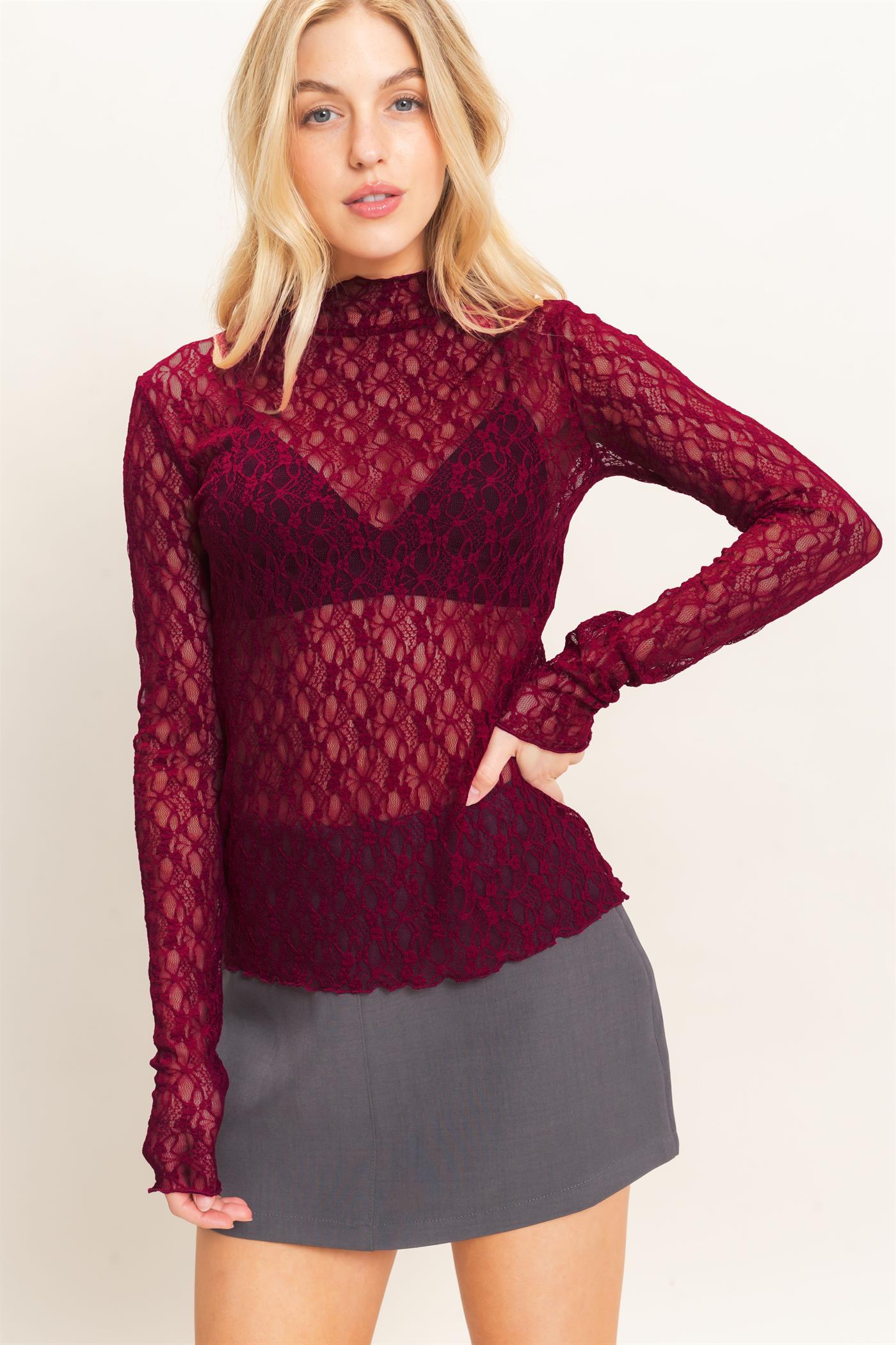 Wholesale Lace Mock Neck Long Sleeve Top Clothing Tops HF26E033-D BURGUNDY HYFVE