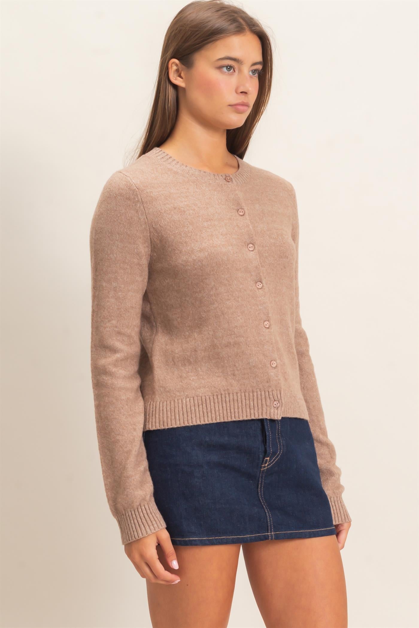 Wholesale Crew Neck Cardigan Cardigans DZ26E119 DARK TAUPE DOUBLE ZERO
