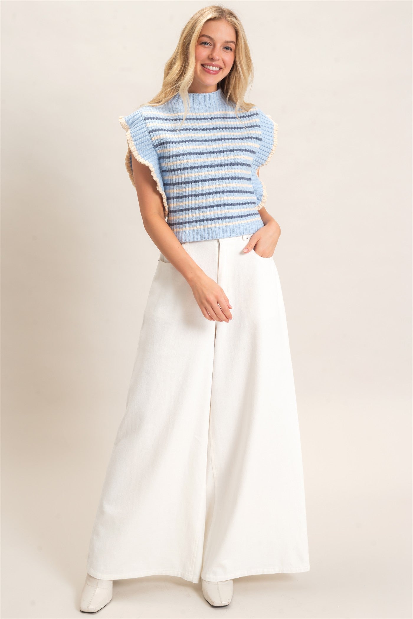 Wholesale Ribbed Ruffle Sleeve Sweater Sweaters HF26F182 L.BLUE HYFVE
