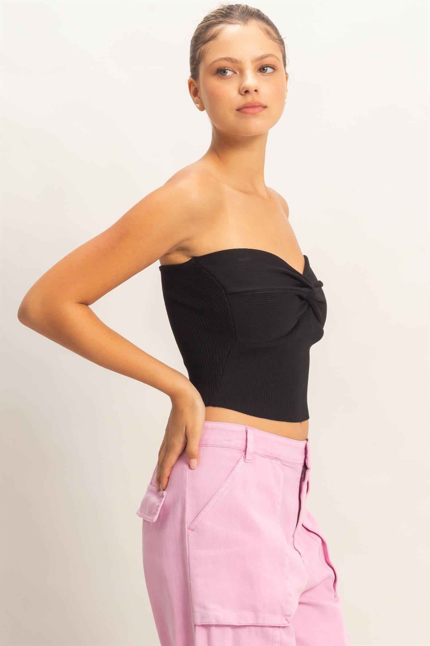 Wholesale Ribbed Knot Bustier Top Clothing Tops DZ26A308 BLACK DOUBLE ZERO