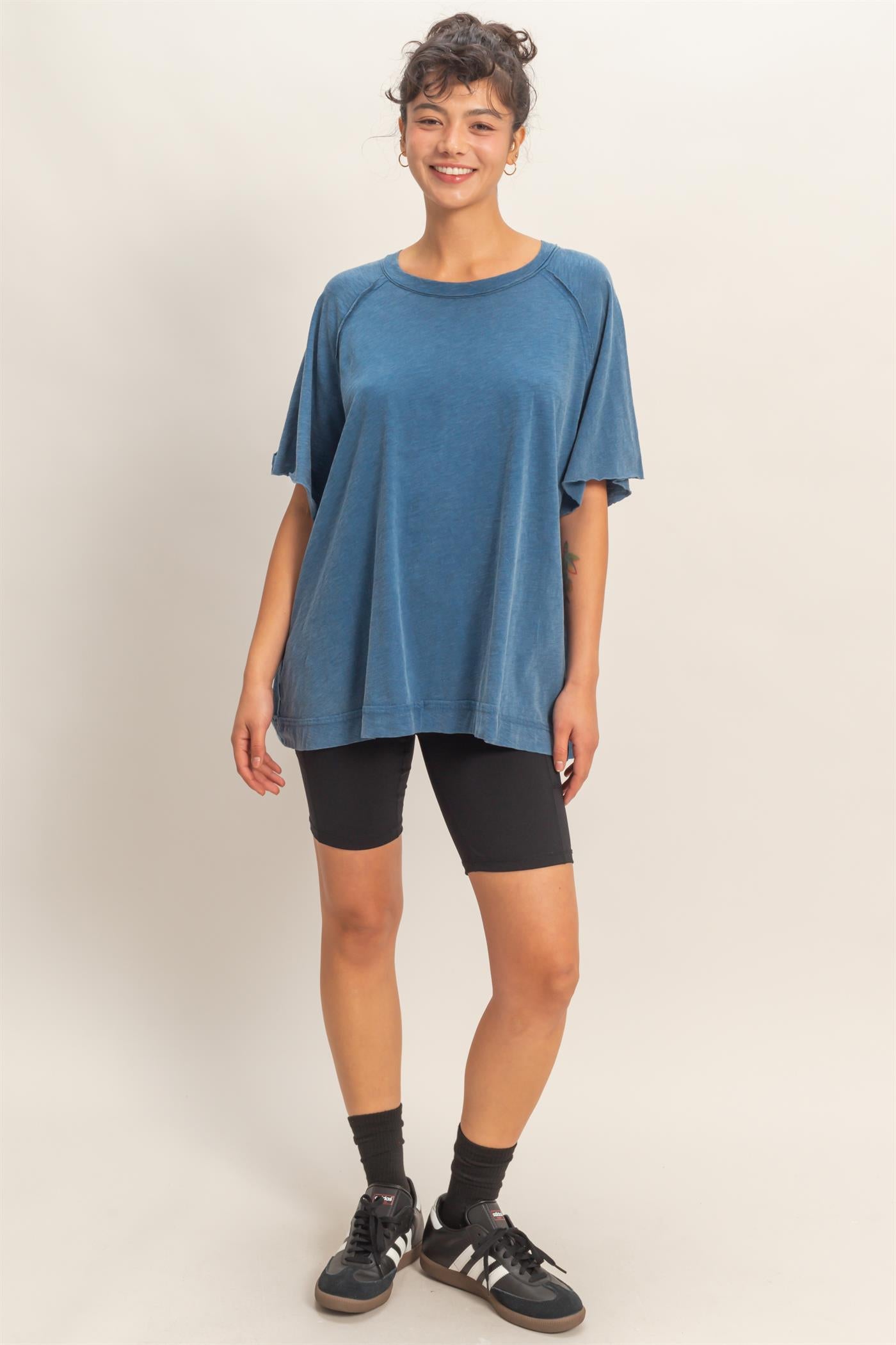 Wholesale Acid Washed Oversized Raw Edges Raglan Tee T-Shirts DZ26A333 NAVY DOUBLE ZERO