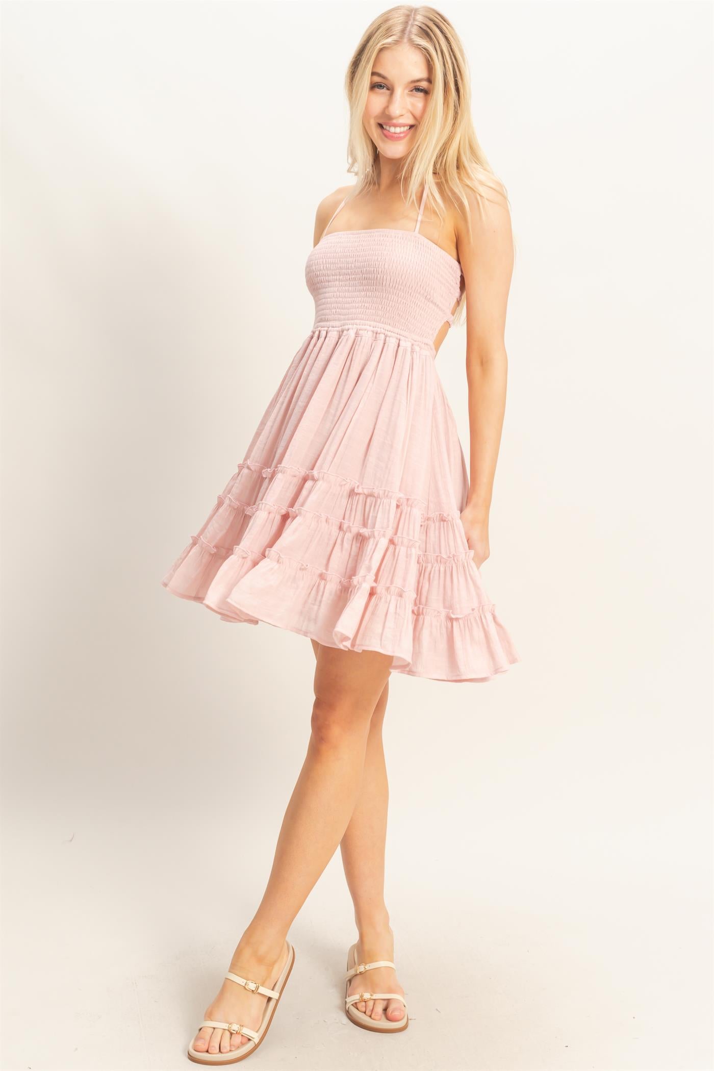 Wholesale Smocked Tiered Midi Dress Dresses HF26C299-D BLUSH HYFVE