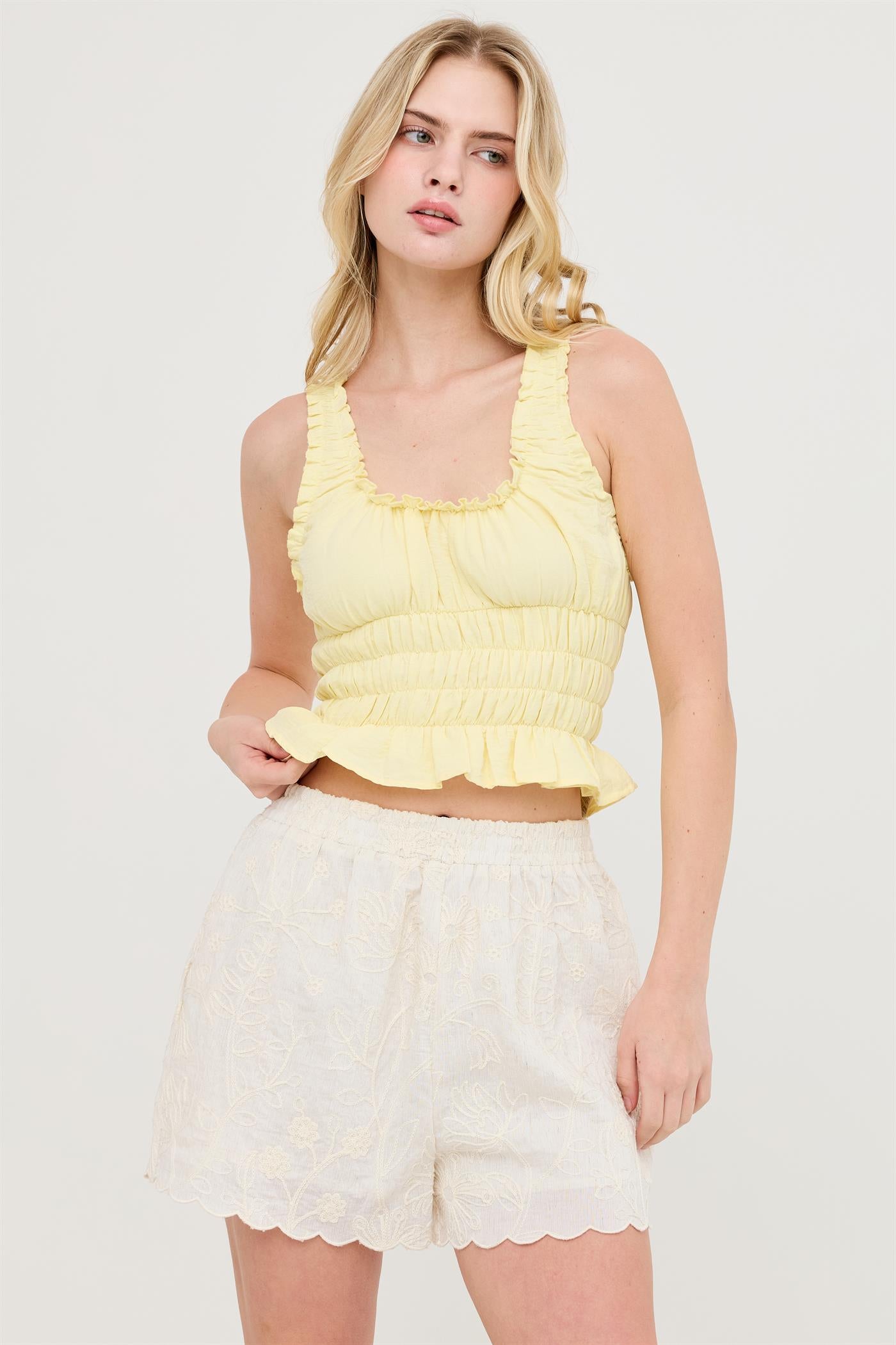 Wholesale Ruched Square Neck Smocked Top Clothing Tops HF26E388-D LIGHT YELLOW HYFVE