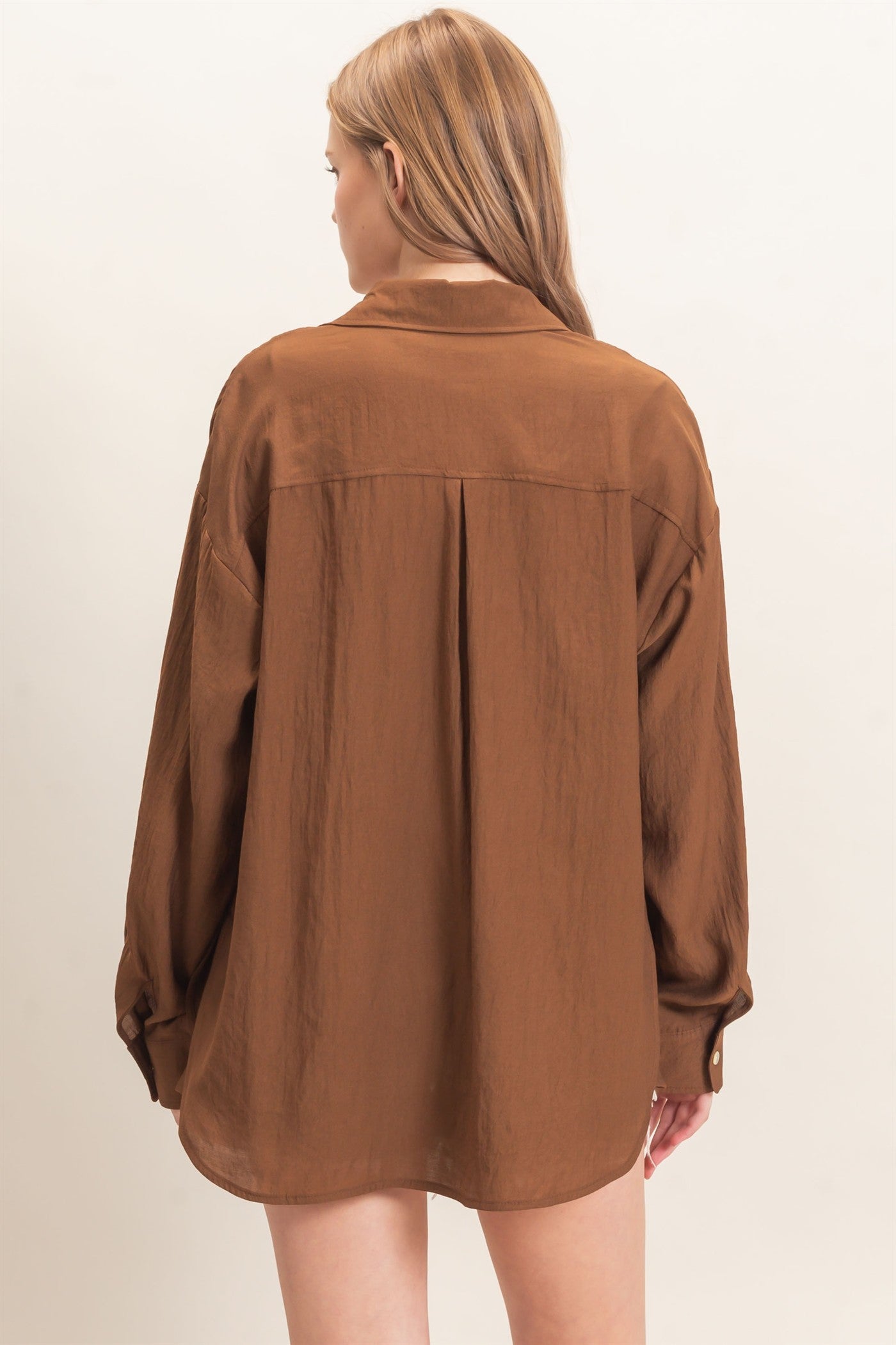 Wholesale Crinkled Button-Up Shirt Clothing Tops HF26E691 BROWN HYFVE