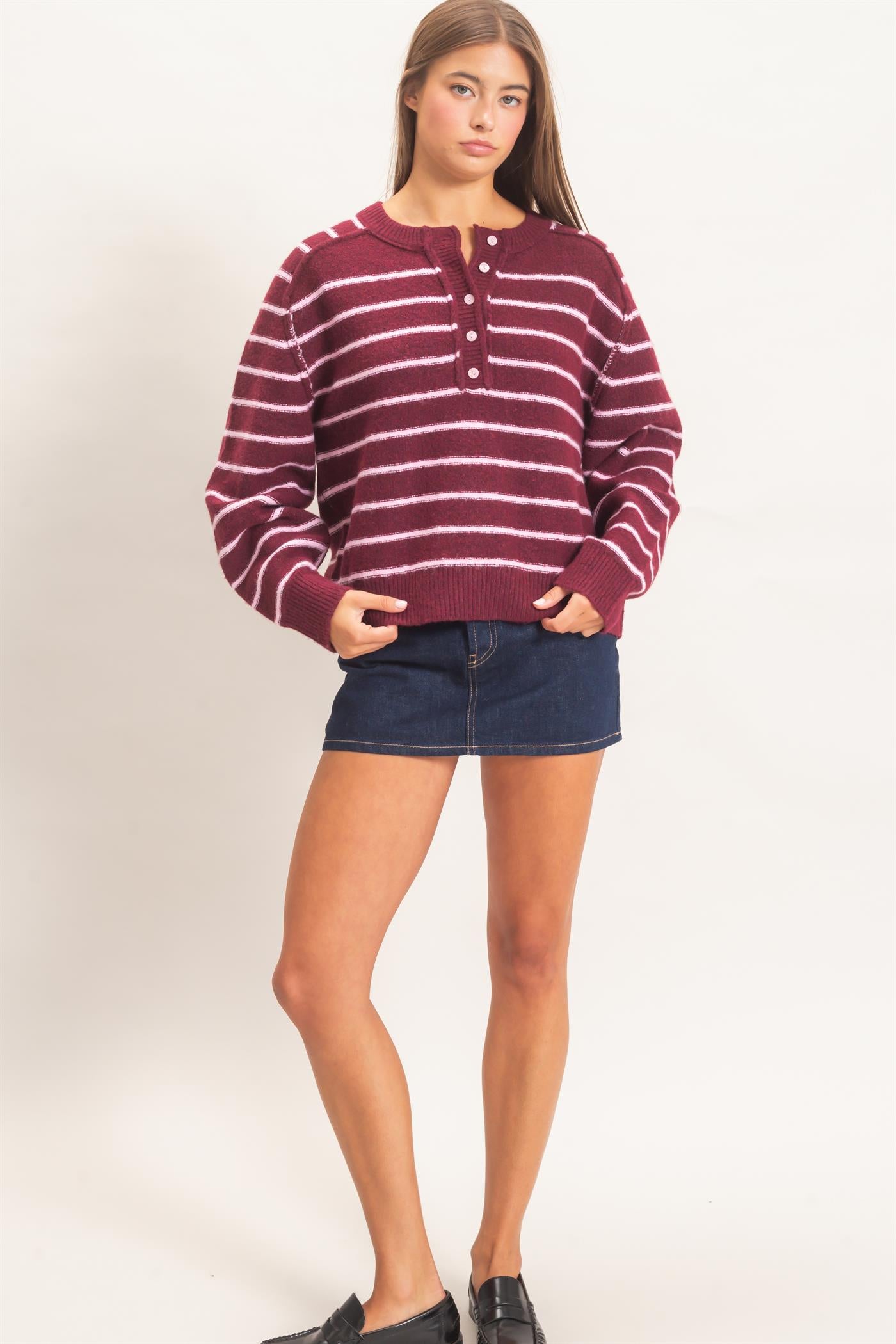 Wholesale Stripe Henley Sweater Sweaters DZ26F002 DARK CHERRY DOUBLE ZERO