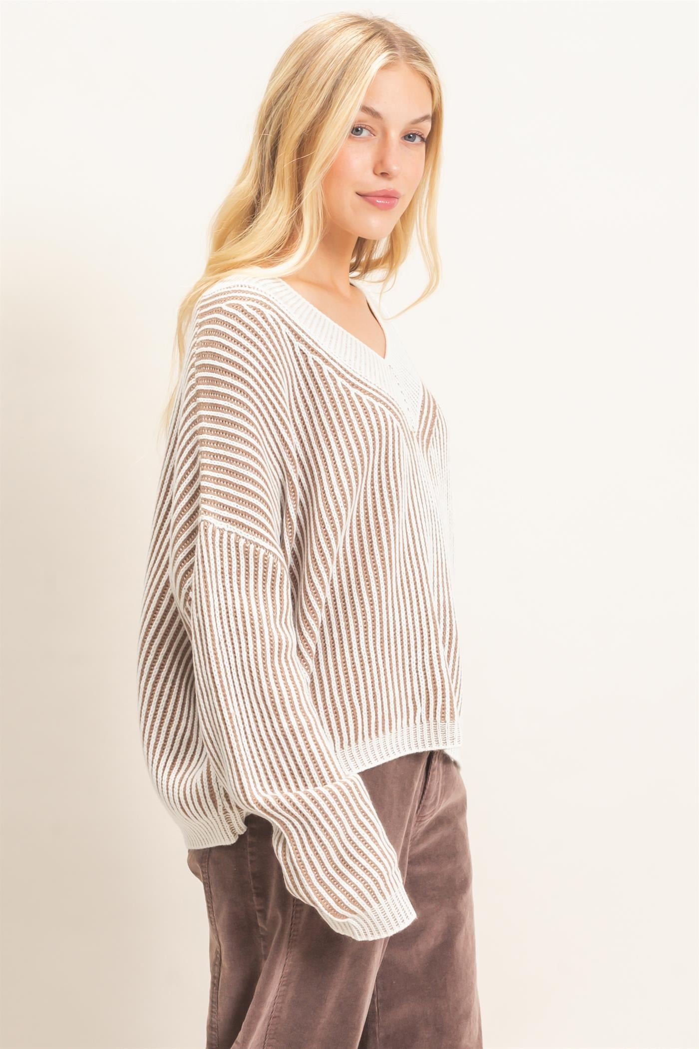 Wholesale Striped V-Neck Ribbed Sweater Sweaters HF26F202 TAUPE HYFVE