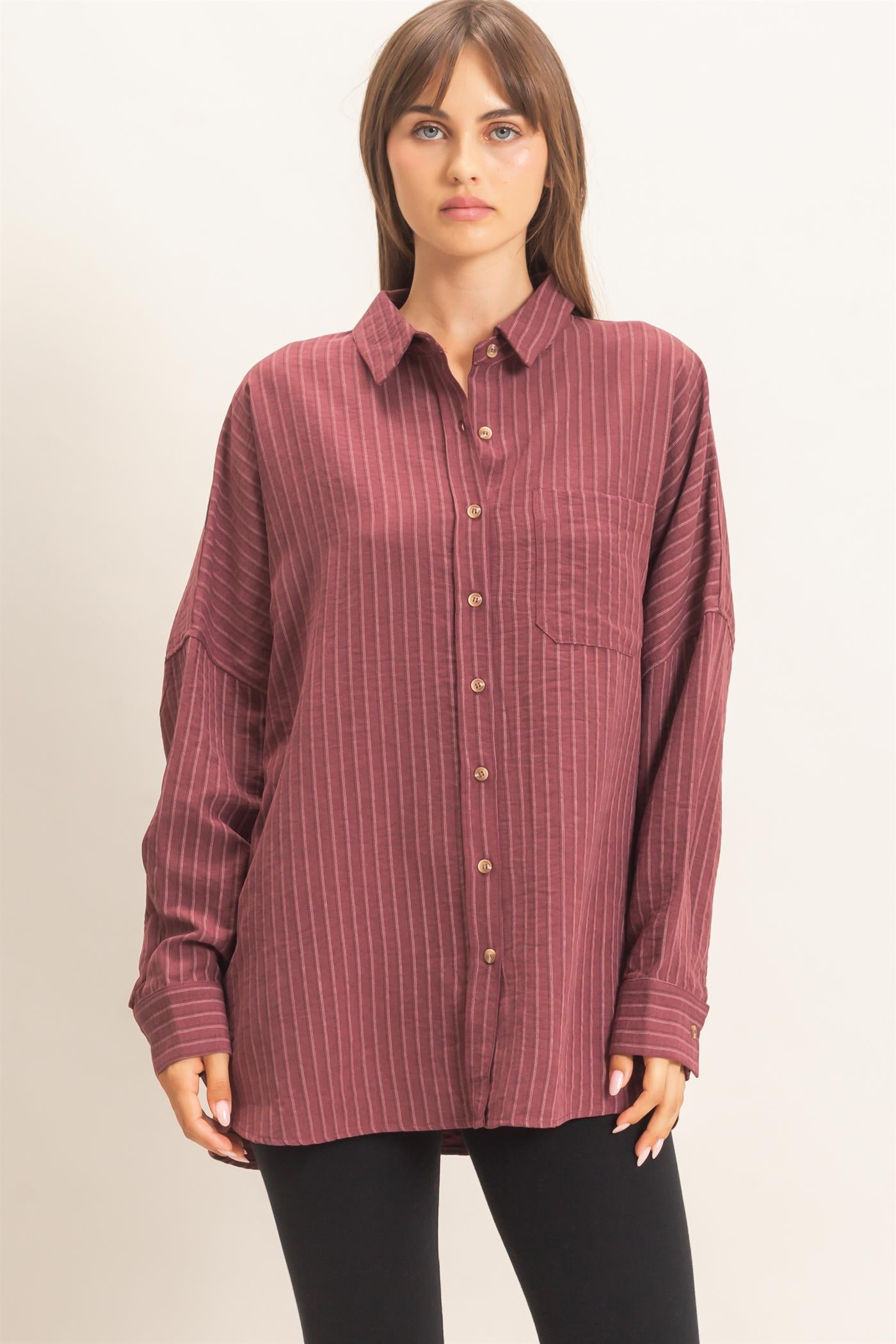 Wholesale Striped Button-Up Shirt Shirts HF26F134 WINE HYFVE