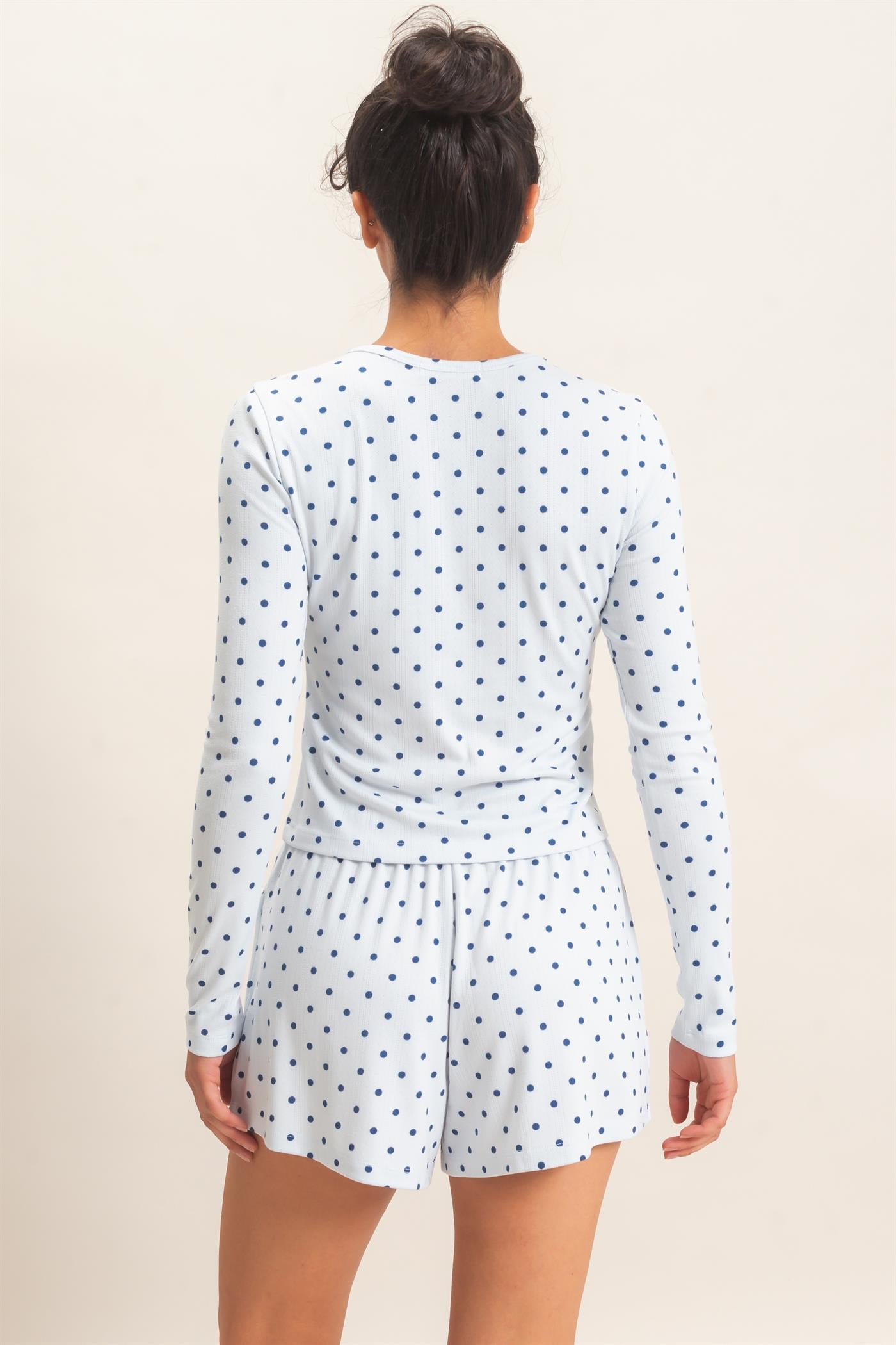 Wholesale Polka Dot Henley Long Sleeve Top & Shorts Set Clothing DZ27A154-SET LIGHT BLUE DOUBLE ZERO