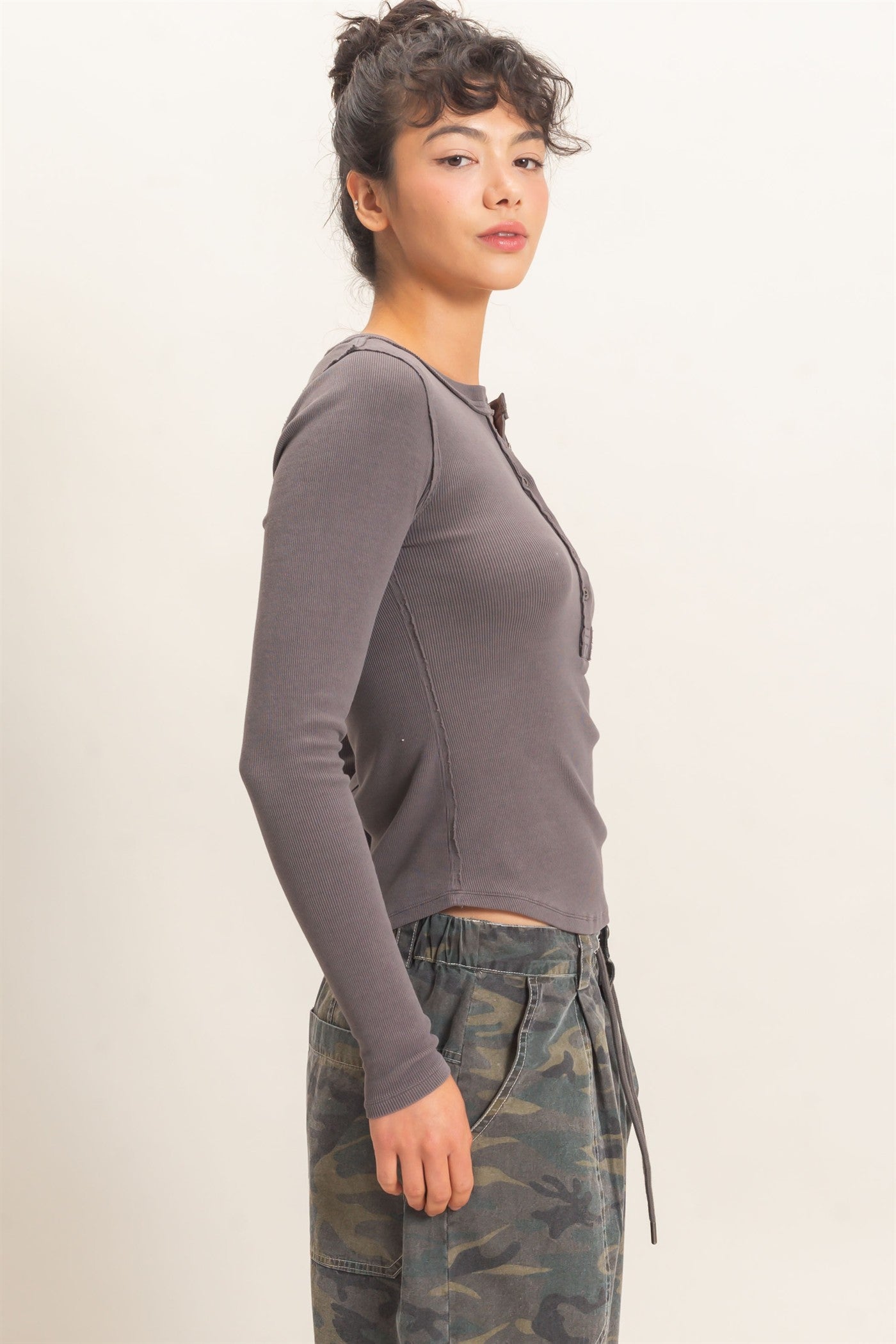 Wholesale Pigment Dye Henley Long Sleeve Top Clothing Tops DZ26C882 CHARCOAL DOUBLE ZERO