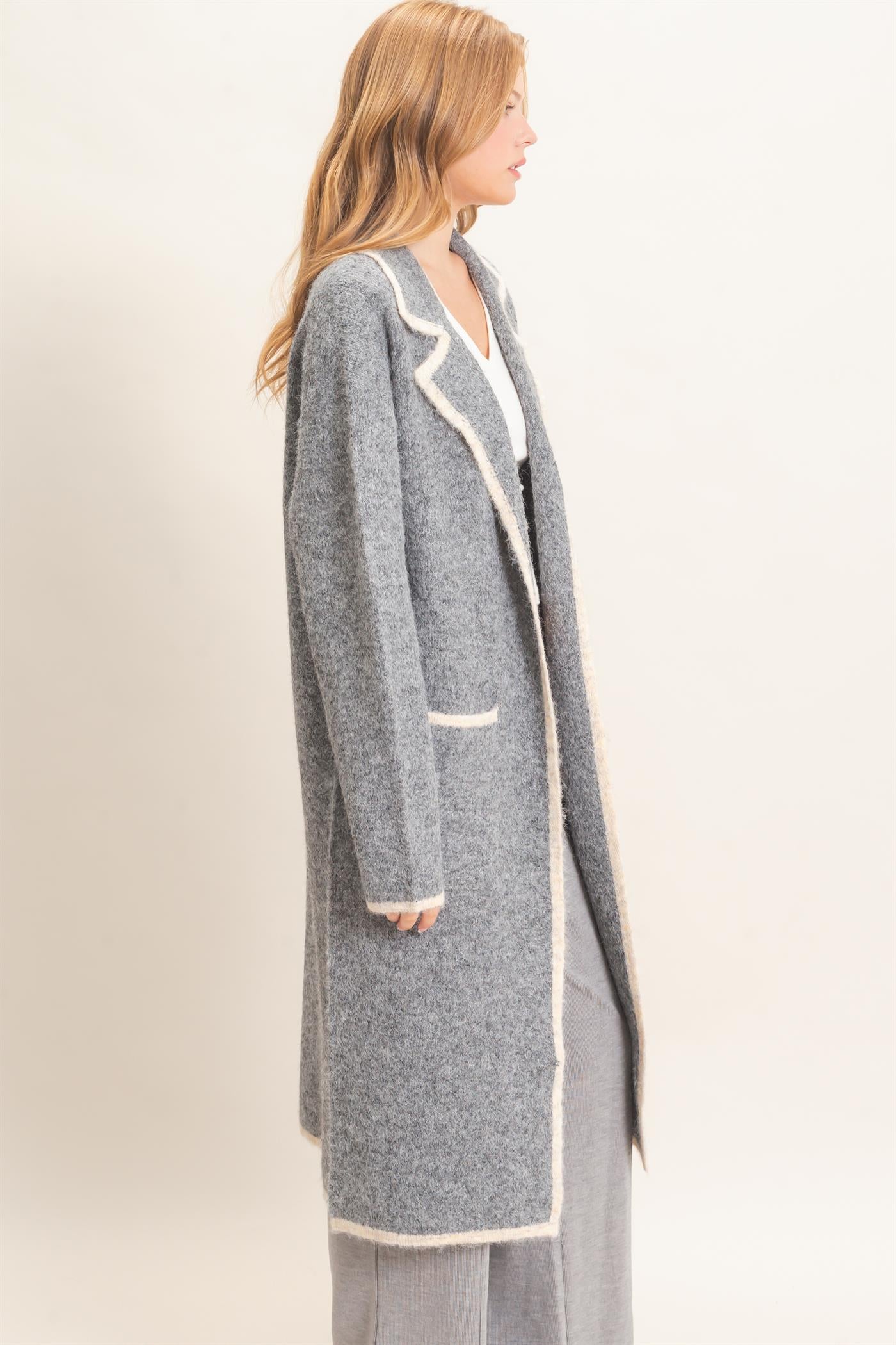 Wholesale Notched Collar Coatigan Sweater Cardigans HF26E695 GRAY HYFVE