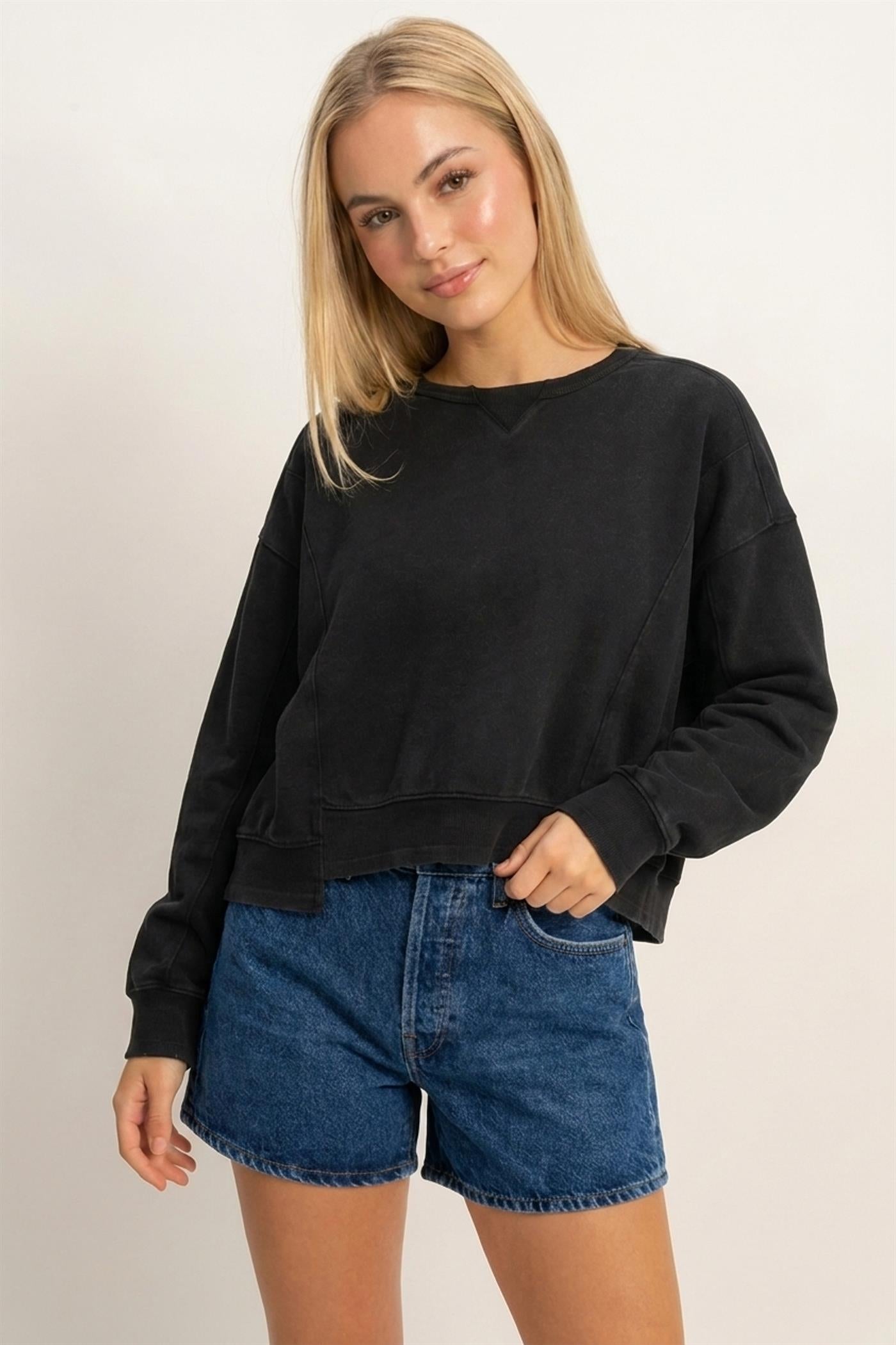 Wholesale Acid Wash Seam Detail Crew Neck Sweatshirt Sweatshirts DZ26E260 BLACK DOUBLE ZERO