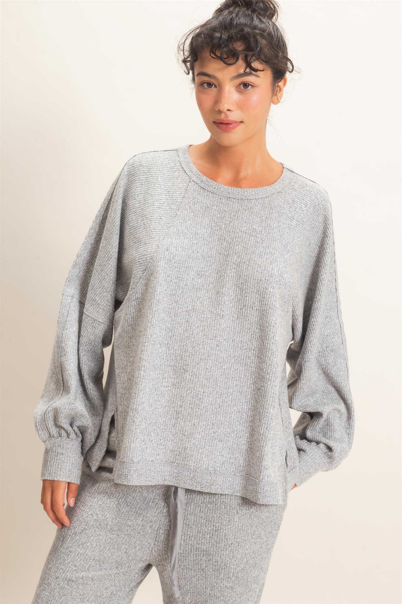 Wholesale Brushed Waffle Long Sleeve Top Clothing Tops DZ26F312 HEATHER GRAY DOUBLE ZERO