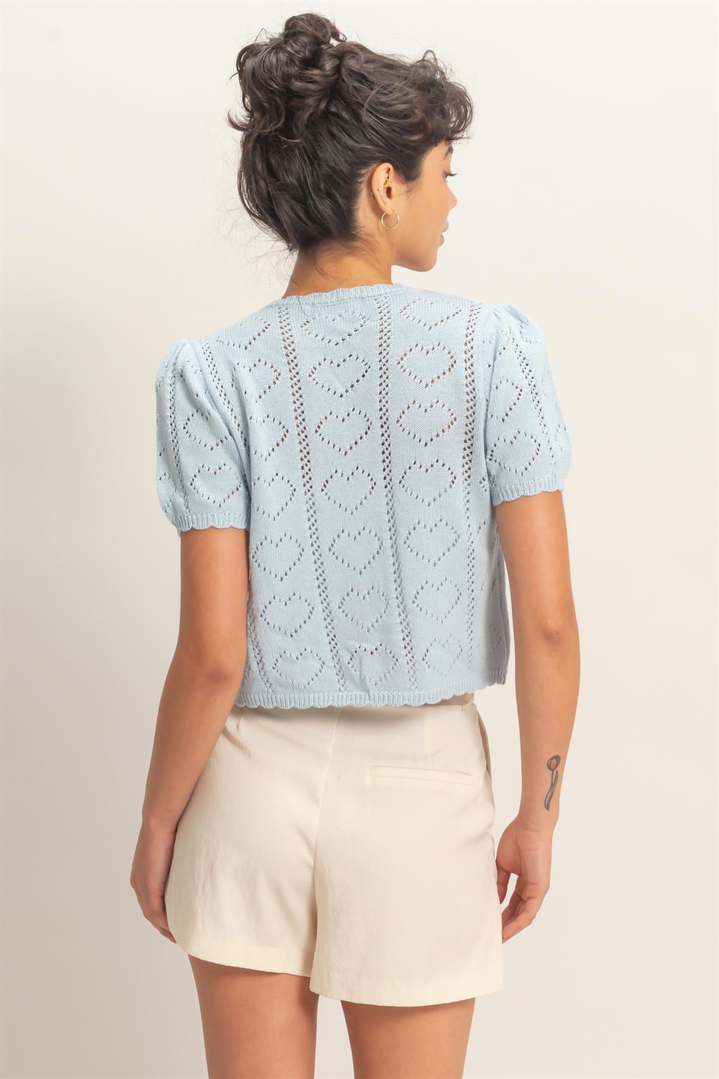 Wholesale Pointelle Knit Puff Sleeve Button Up Cardigan Cardigans DZ26A425 ICE BLUE HYFVE