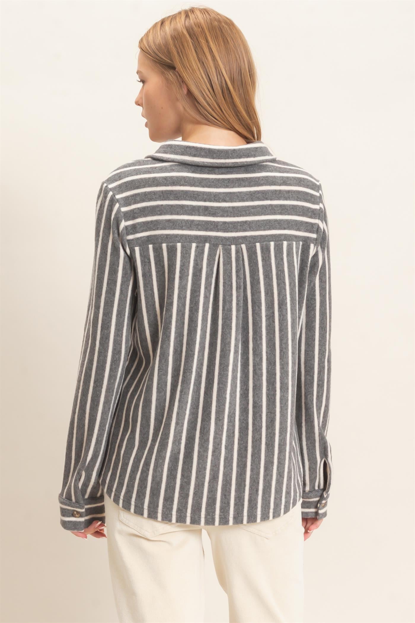 Wholesale Striped Button-Up Knit Shirt Clothing Tops HF26E189 GRAY HYFVE