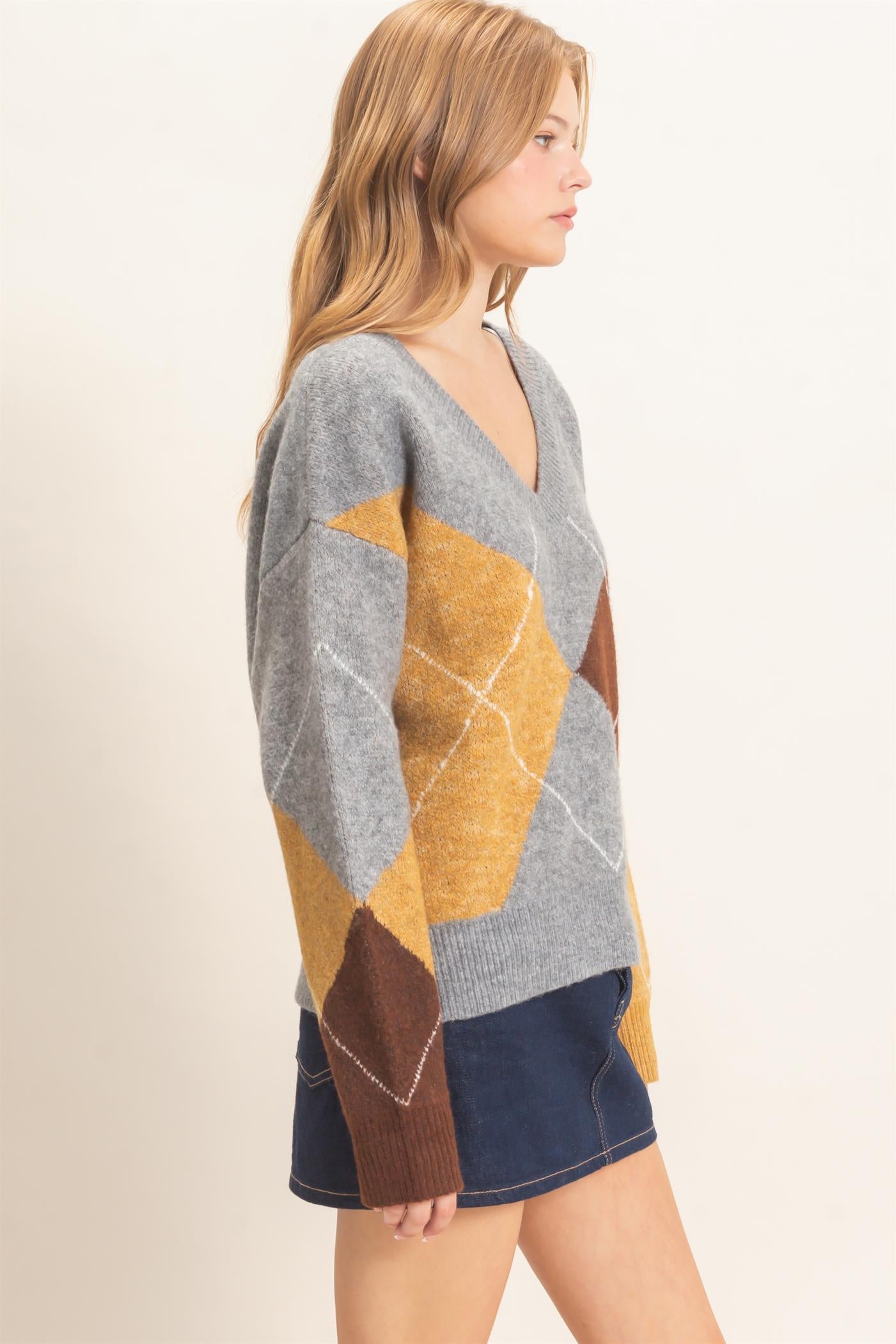 Wholesale Argyle Pattern V-Neck Sweater Sweaters HF26E475 HEATHER GRAY HYFVE