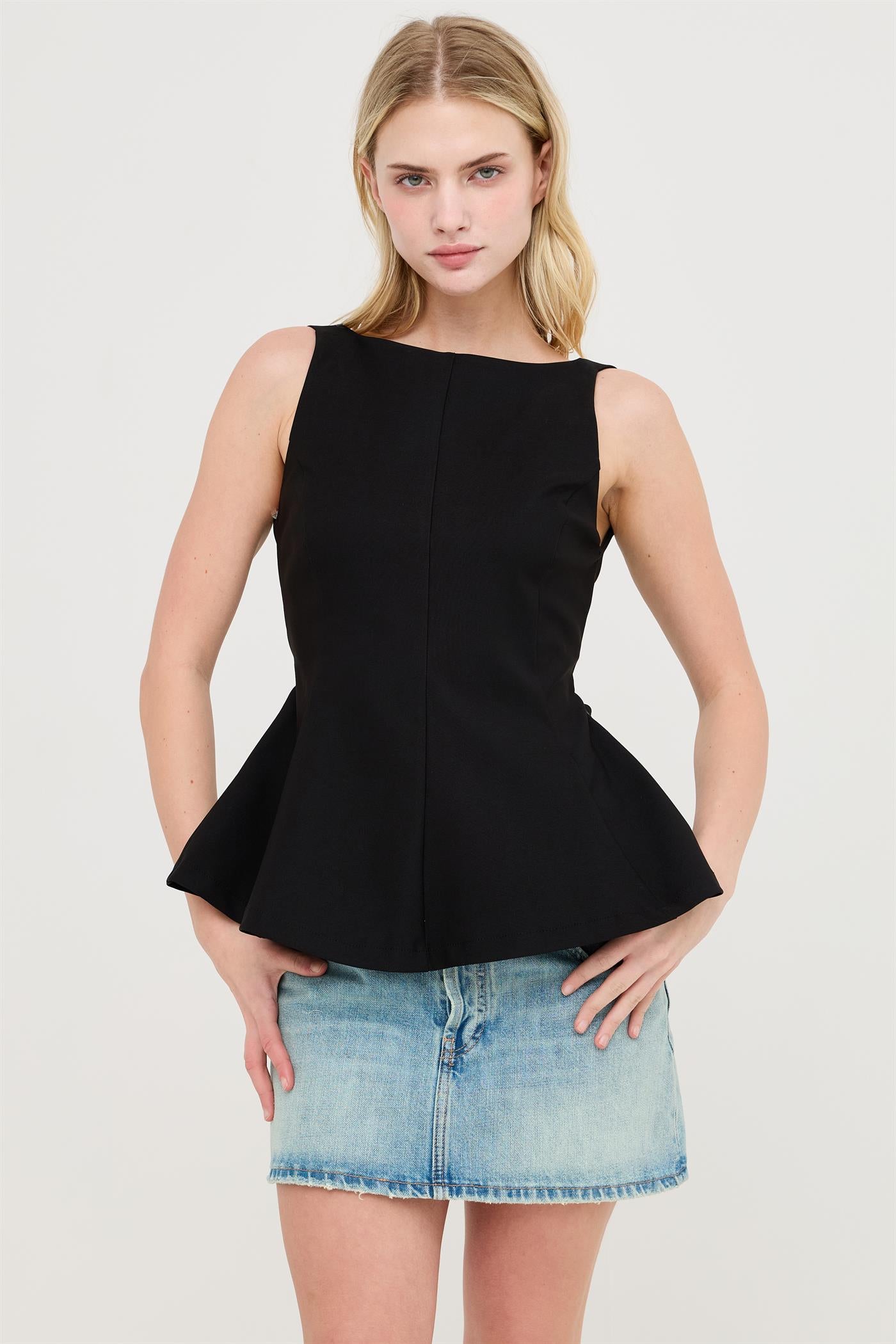 Wholesale Sleeveless Open Back Peplum Top Clothing Tops HF26A292 BLACK HYFVE