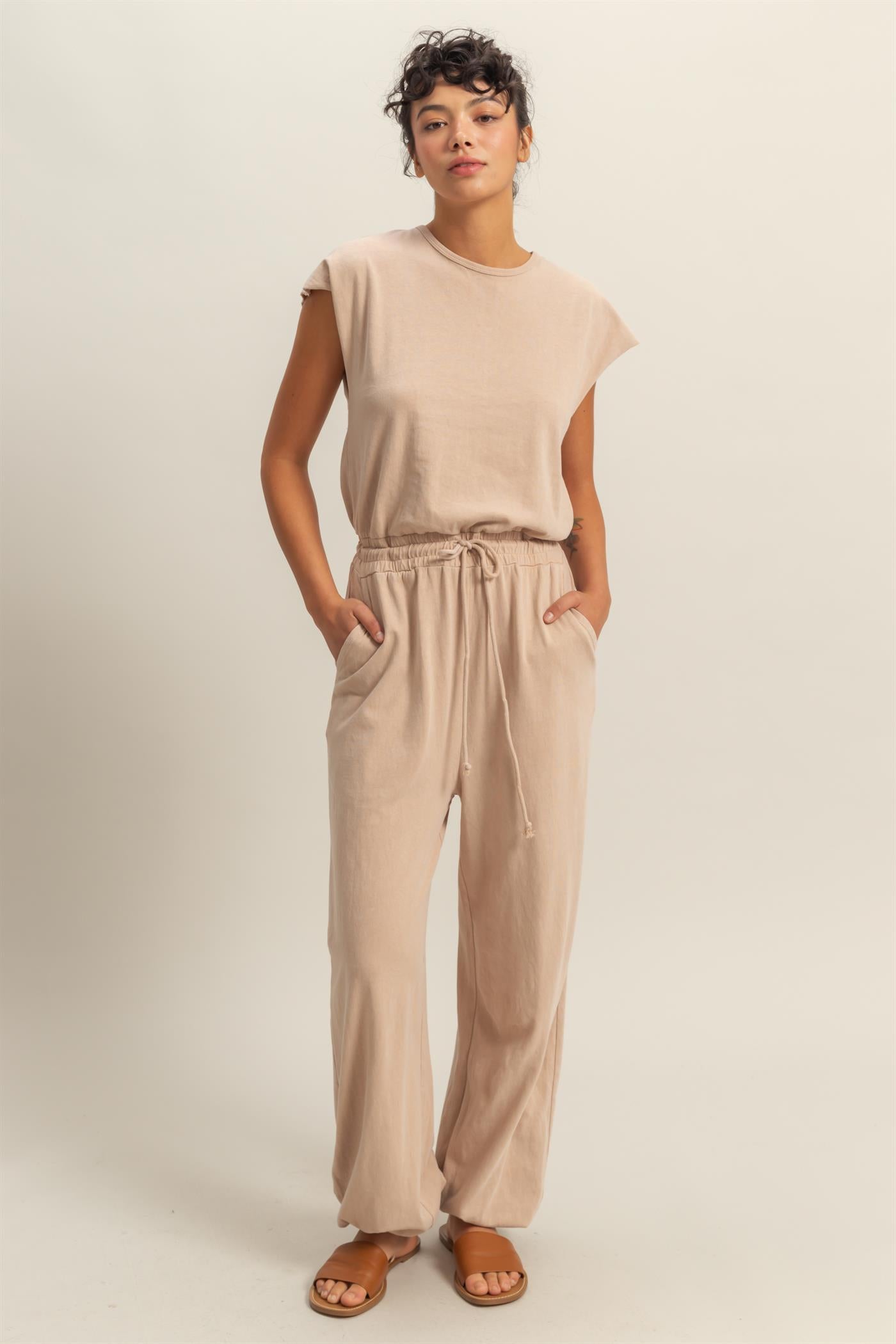 Wholesale Short Sleeve Casual Jumpsuit Clothing DZ24C619 DARK TAUPE DOUBLE ZERO