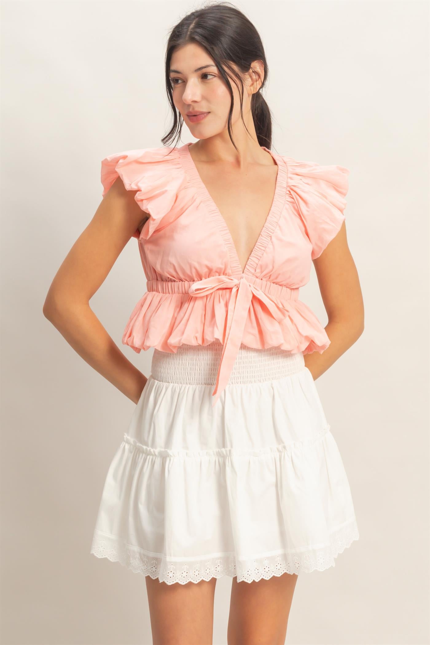 Wholesale Ruched V-Neck Puff Sleeve Top Clothing Tops HF26A122 LIGHT PINK HYFVE