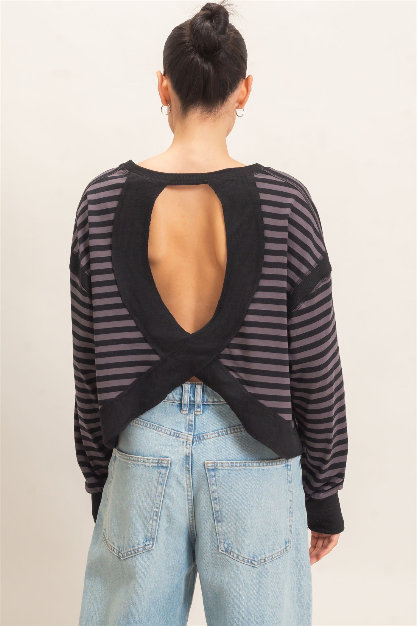 Wholesale Striped Long Sleeve Top Clothing Tops HF26C908-D CHARCOAL HYFVE