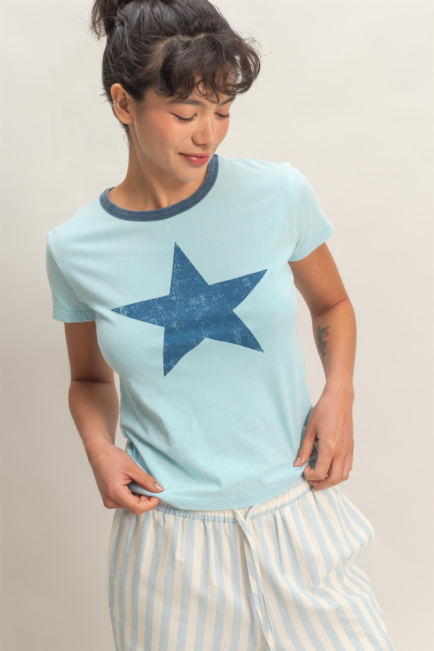 Wholesale Star Graphic Crew Neck T-Shirt T-Shirts DZ26C695 BLUE DOUBLE ZERO