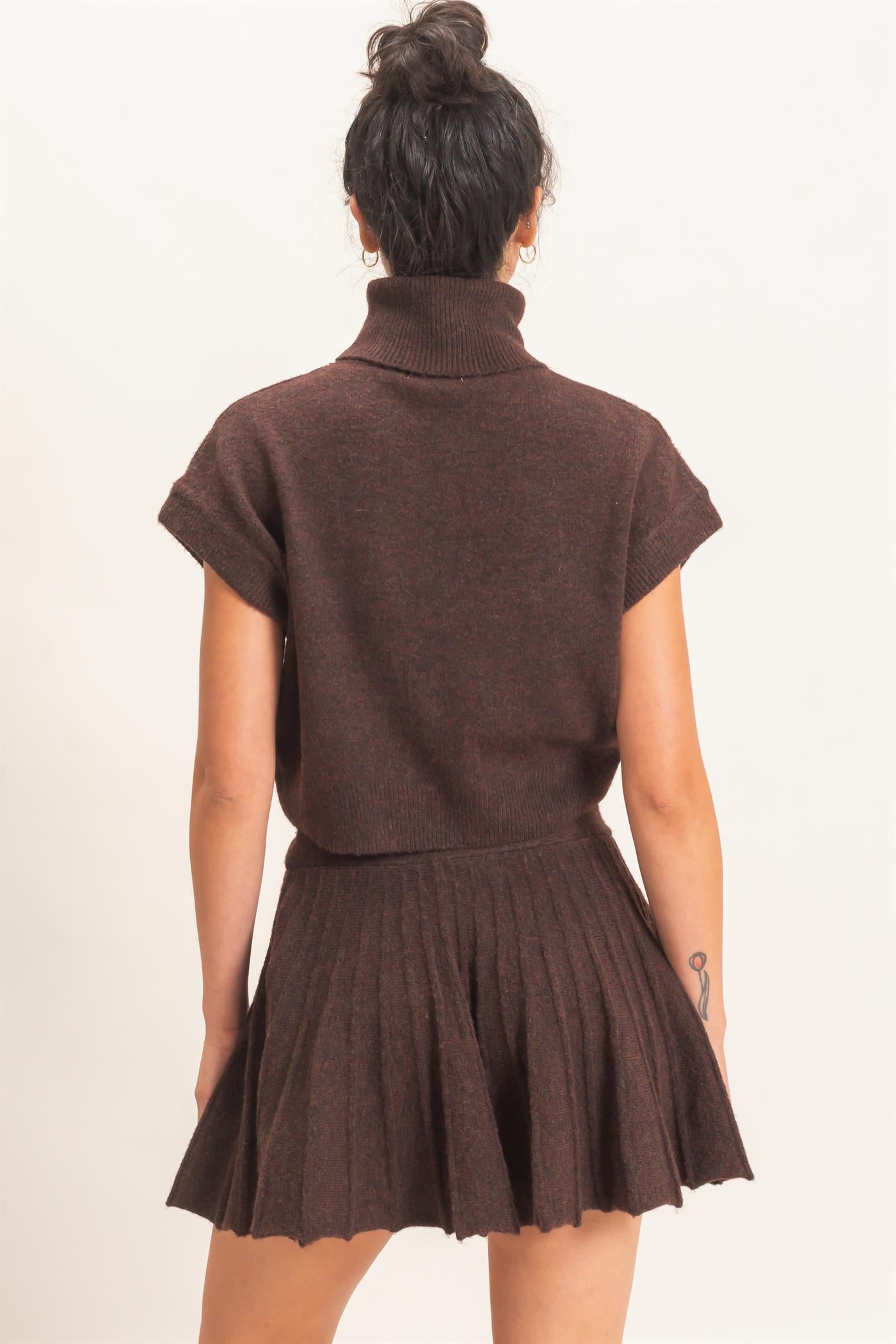 Wholesale Turtleneck Crop Top And Pleated Skirt Set Clothing DZ26C981-SET DARK BROWN DOUBLE ZERO