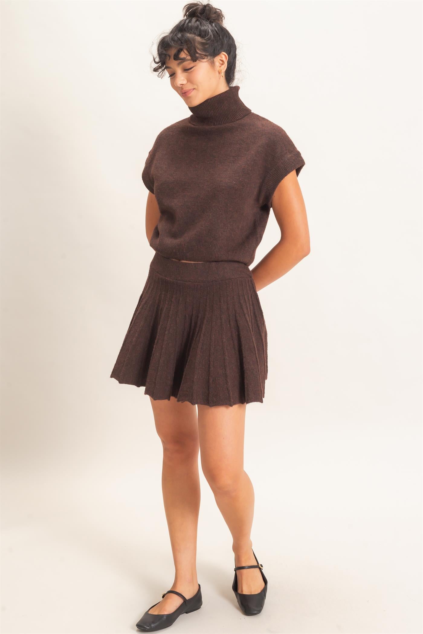 Wholesale Turtleneck Crop Top And Pleated Skirt Set Clothing DZ26C981-SET DARK BROWN DOUBLE ZERO