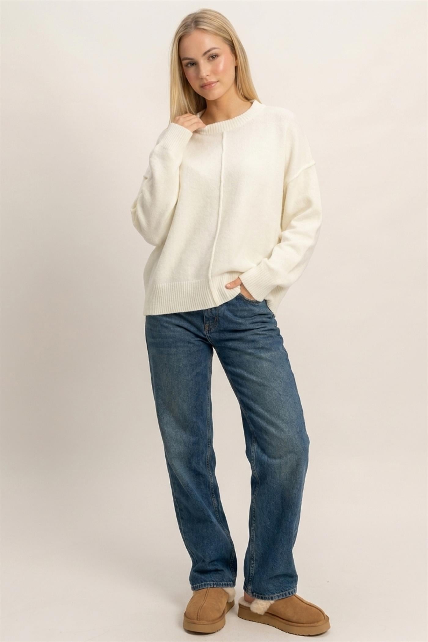 Wholesale Crew Neck Seam Detail Sweater Sweaters DZ26E240 CREAM DOUBLE ZERO
